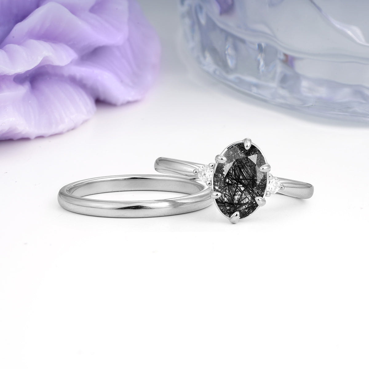 Clean Line Two Piece Oval Cut Main Stone Dual Side Accent Daily Wear Black Rutilated Quartz Bridal Ring Set - Additional view