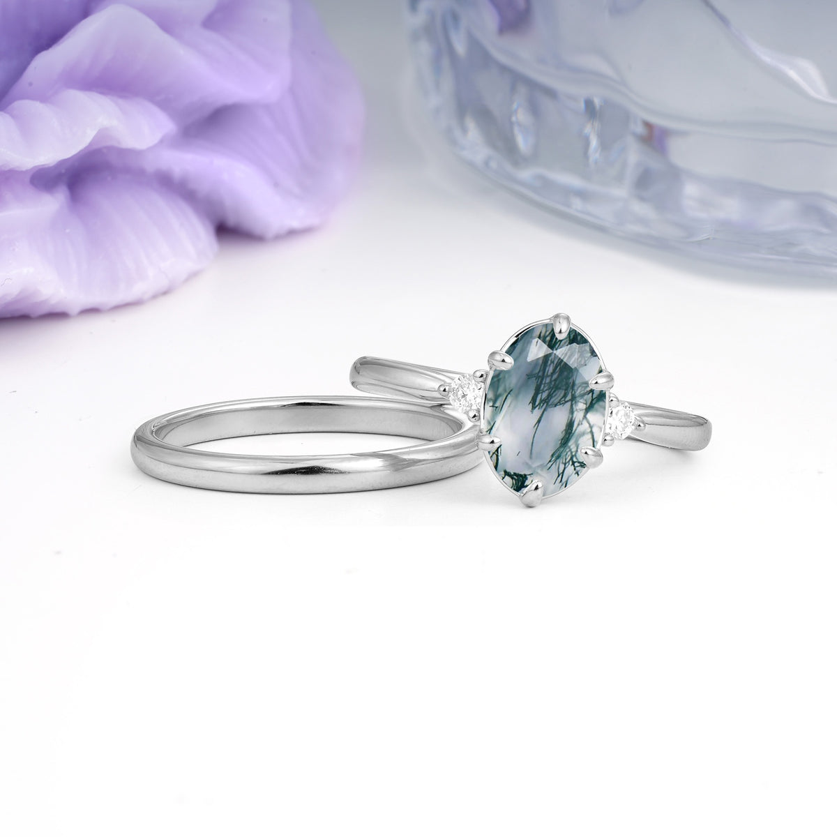 Clean Line Two Piece Oval Cut Main Stone Dual Side Accent Daily Wear Moss Agate Bridal Ring Set - Additional view