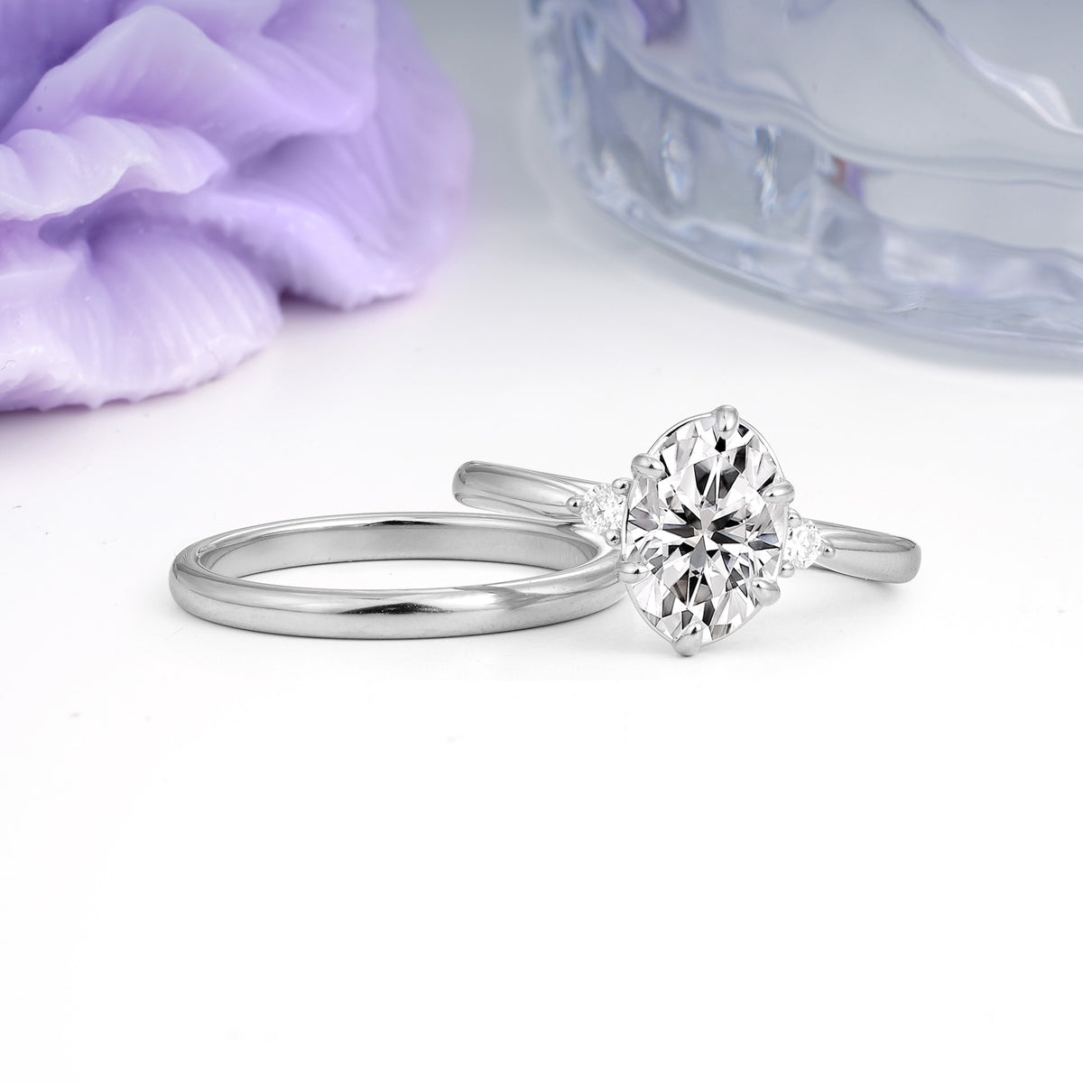 Clean Line Two Piece Oval Cut Main Stone Dual Side Accent Daily Wear Lab Diamond Bridal Ring Set - Additional view