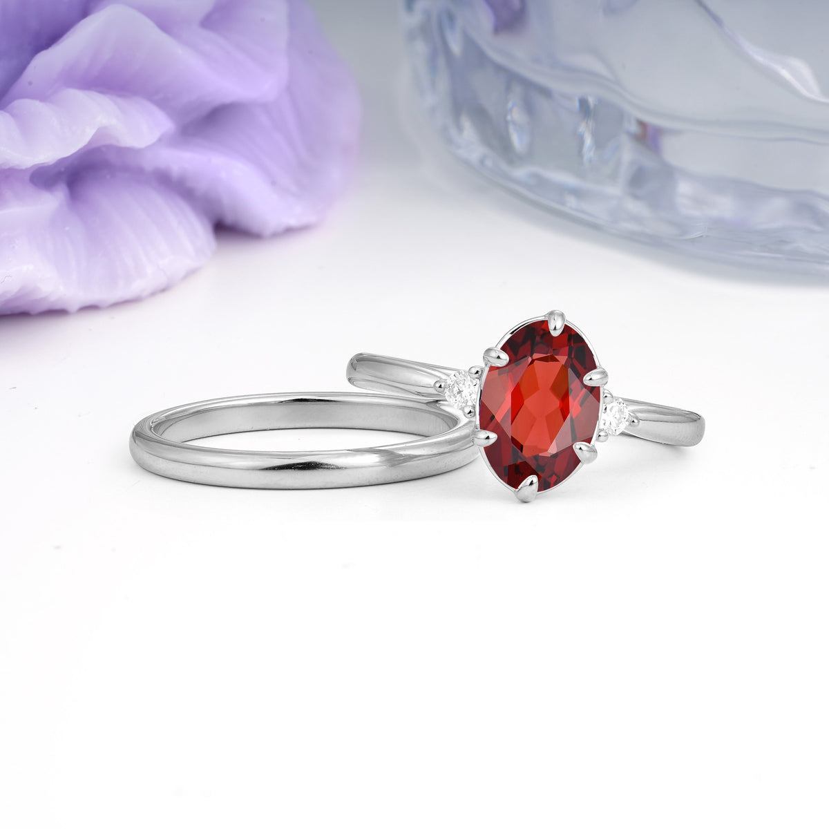 Clean Line Two Piece Oval Cut Main Stone Dual Side Accent Daily Wear Garnet Bridal Ring Set - Additional view