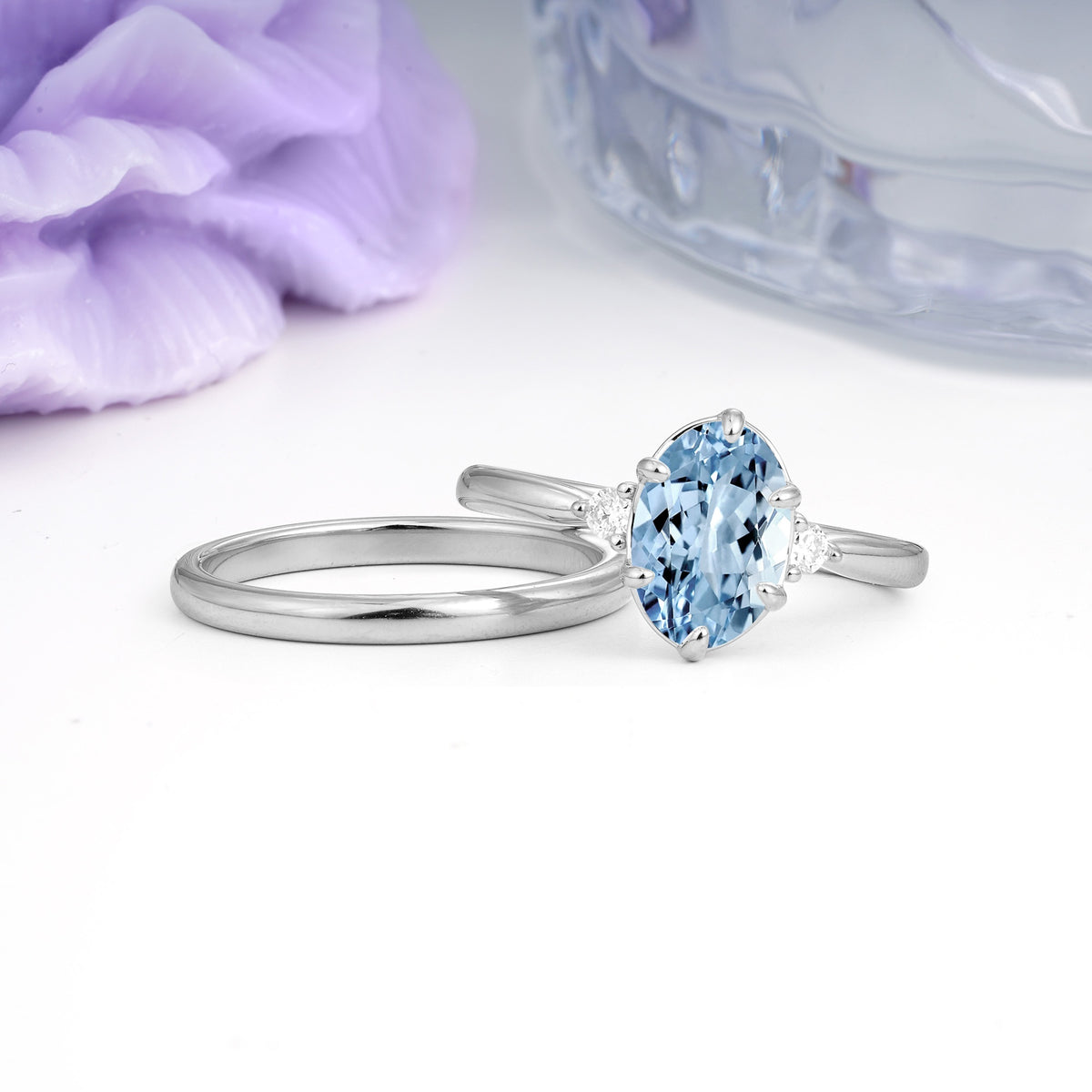 Clean Line Two Piece Oval Cut Main Stone Dual Side Accent Daily Wear Aquamarine Bridal Ring Set - Additional view