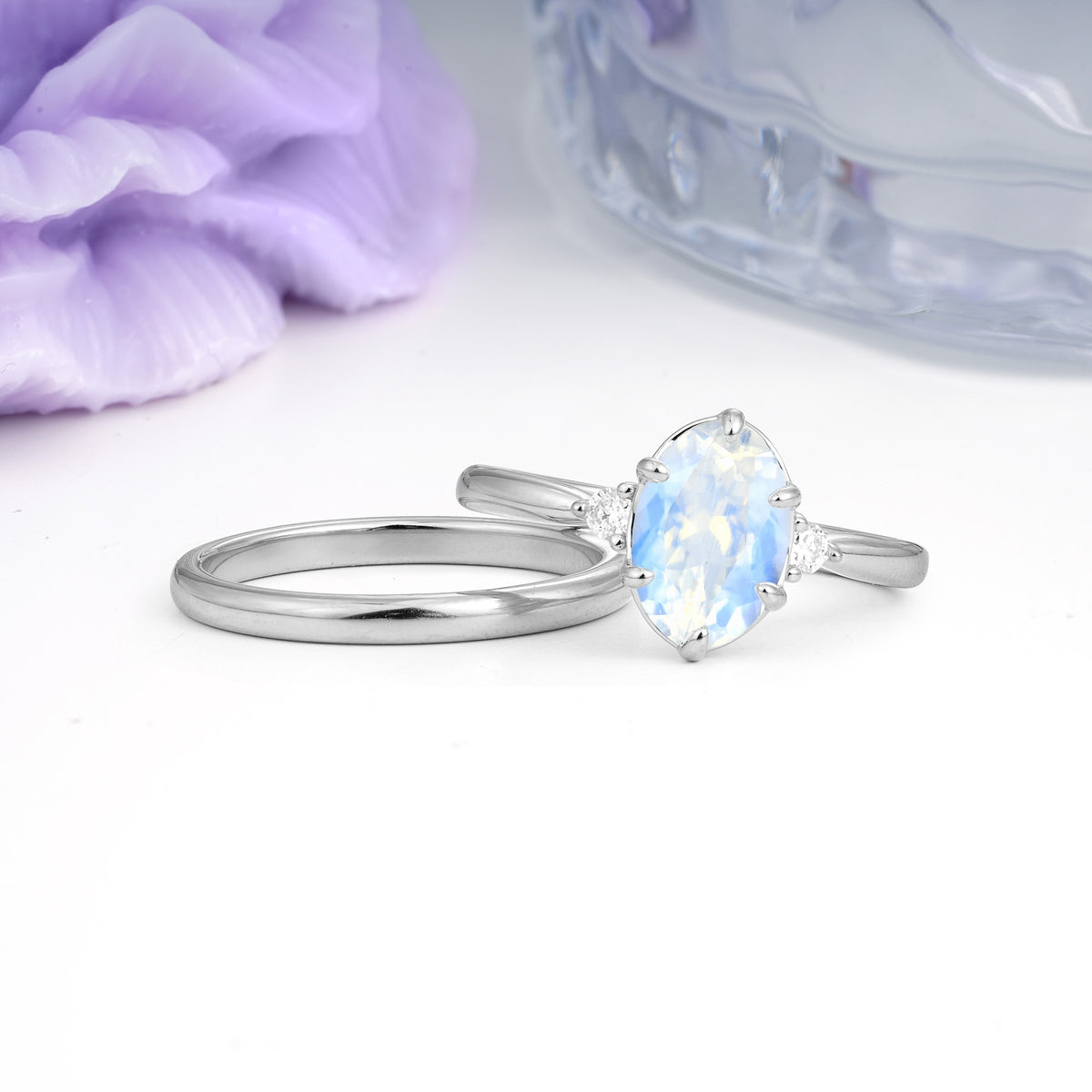 Clean Line Two Piece Oval Cut Main Stone Dual Side Accent Daily Wear Moonstone Bridal Ring Set - Additional view