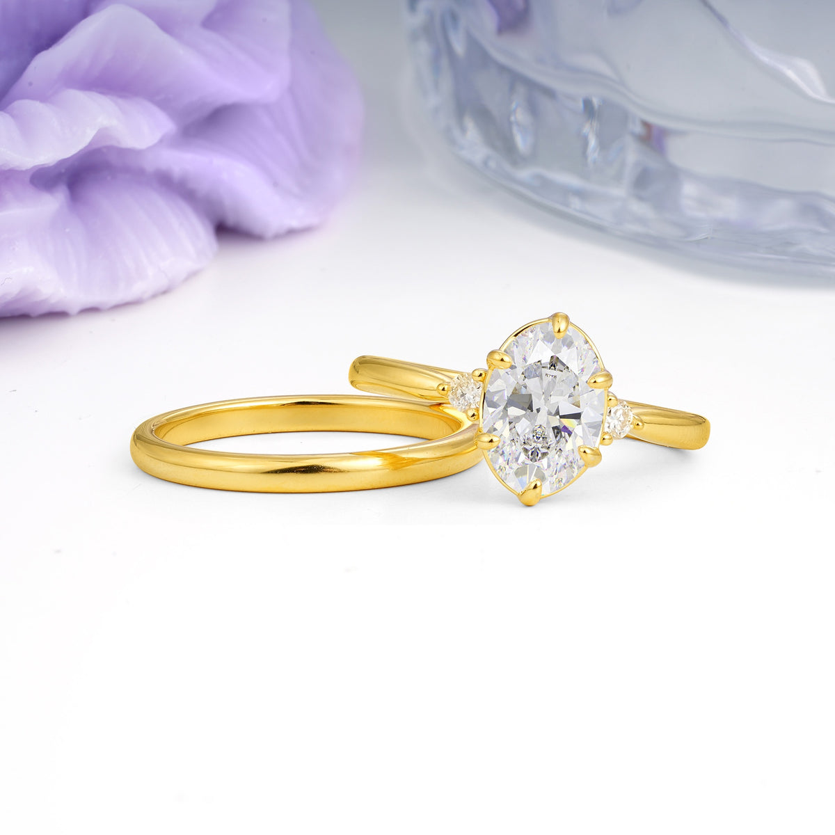 Clean Line Two Piece Oval Cut Main Stone Dual Side Accent Daily Wear Moissanite Bridal Ring Set - Additional view