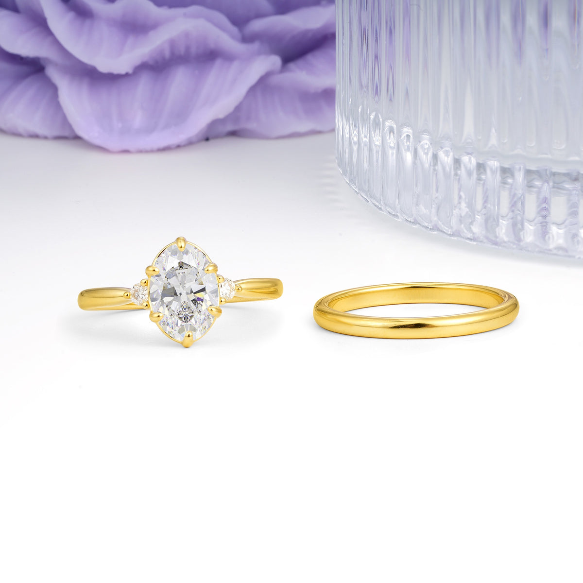 Clean Line Two Piece Oval Cut Main Stone Dual Side Accent Daily Wear Moissanite Bridal Ring Set - Additional view