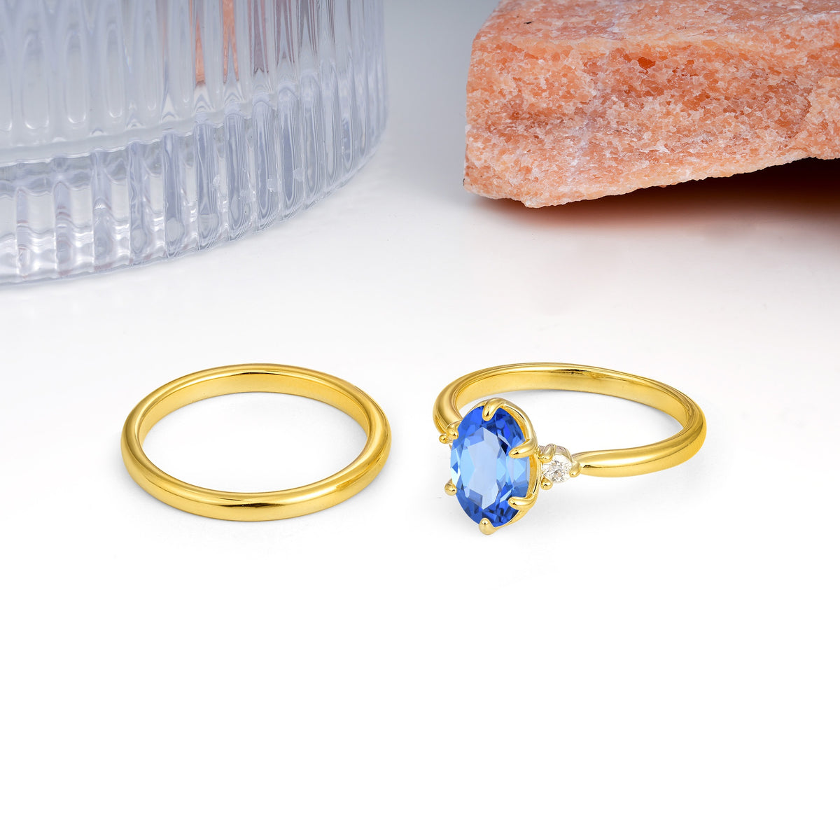 Clean Line Two Piece Oval Cut Main Stone Dual Side Accent Daily Wear Sapphire Bridal Ring Set - Additional view
