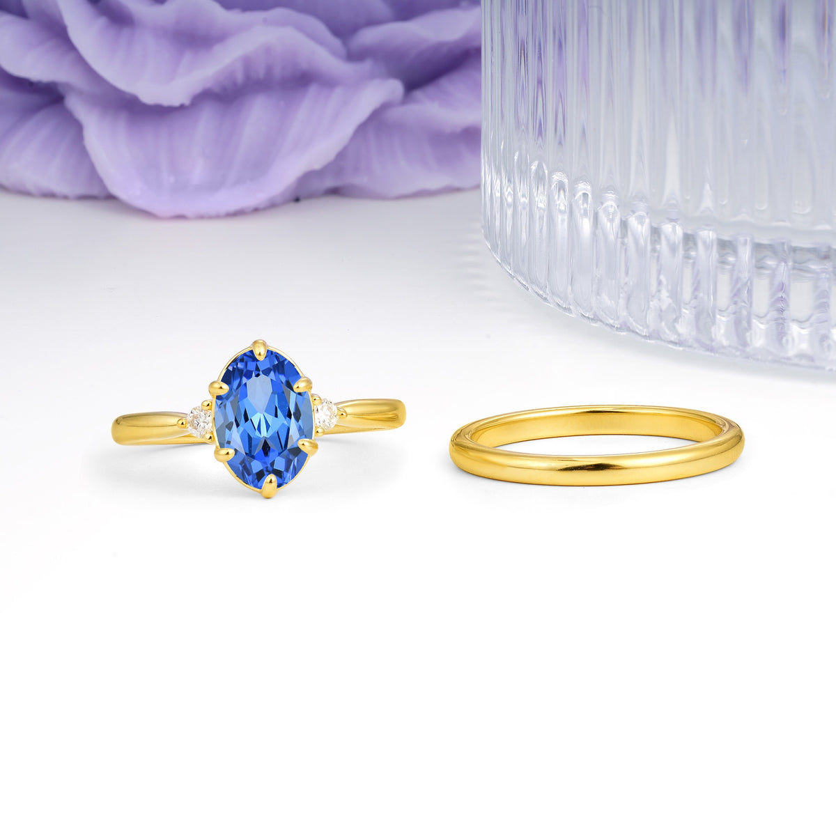 Clean Line Two Piece Oval Cut Main Stone Dual Side Accent Daily Wear Sapphire Bridal Ring Set - Additional view