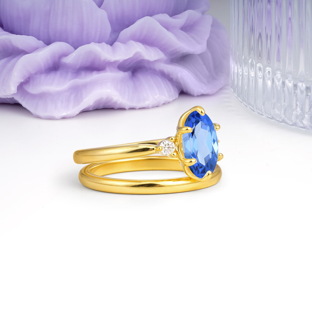 Clean Line Two Piece Oval Cut Main Stone Dual Side Accent Daily Wear Sapphire Bridal Ring Set - Additional view