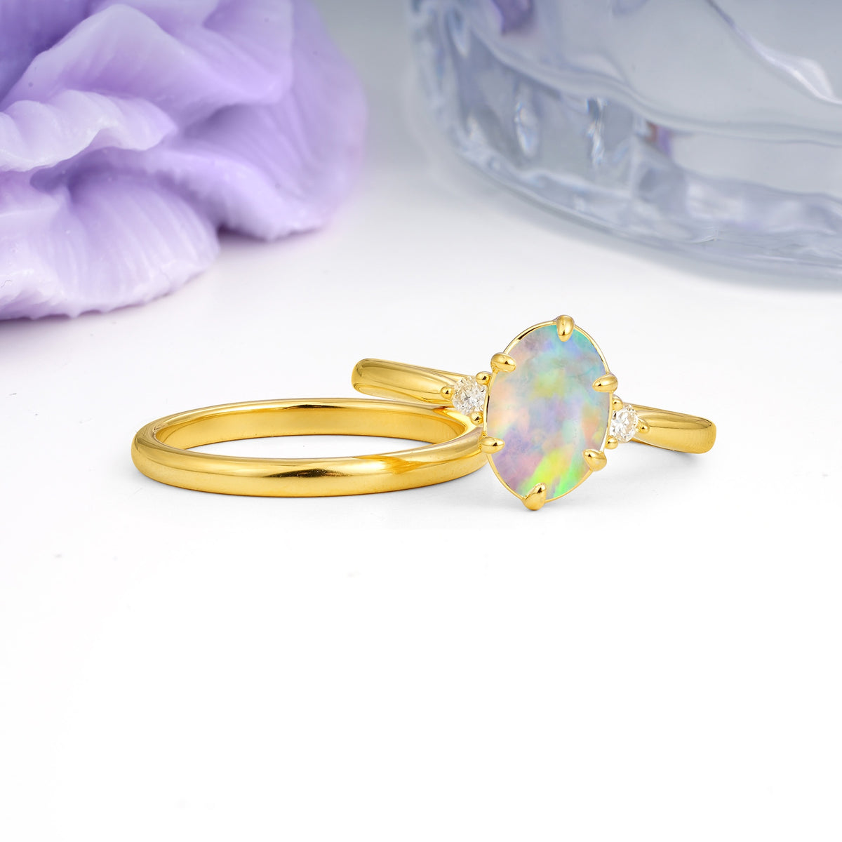 Clean Line Two Piece Oval Cut Main Stone Dual Side Accent Daily Wear Fire Opal Bridal Ring Set - Additional view