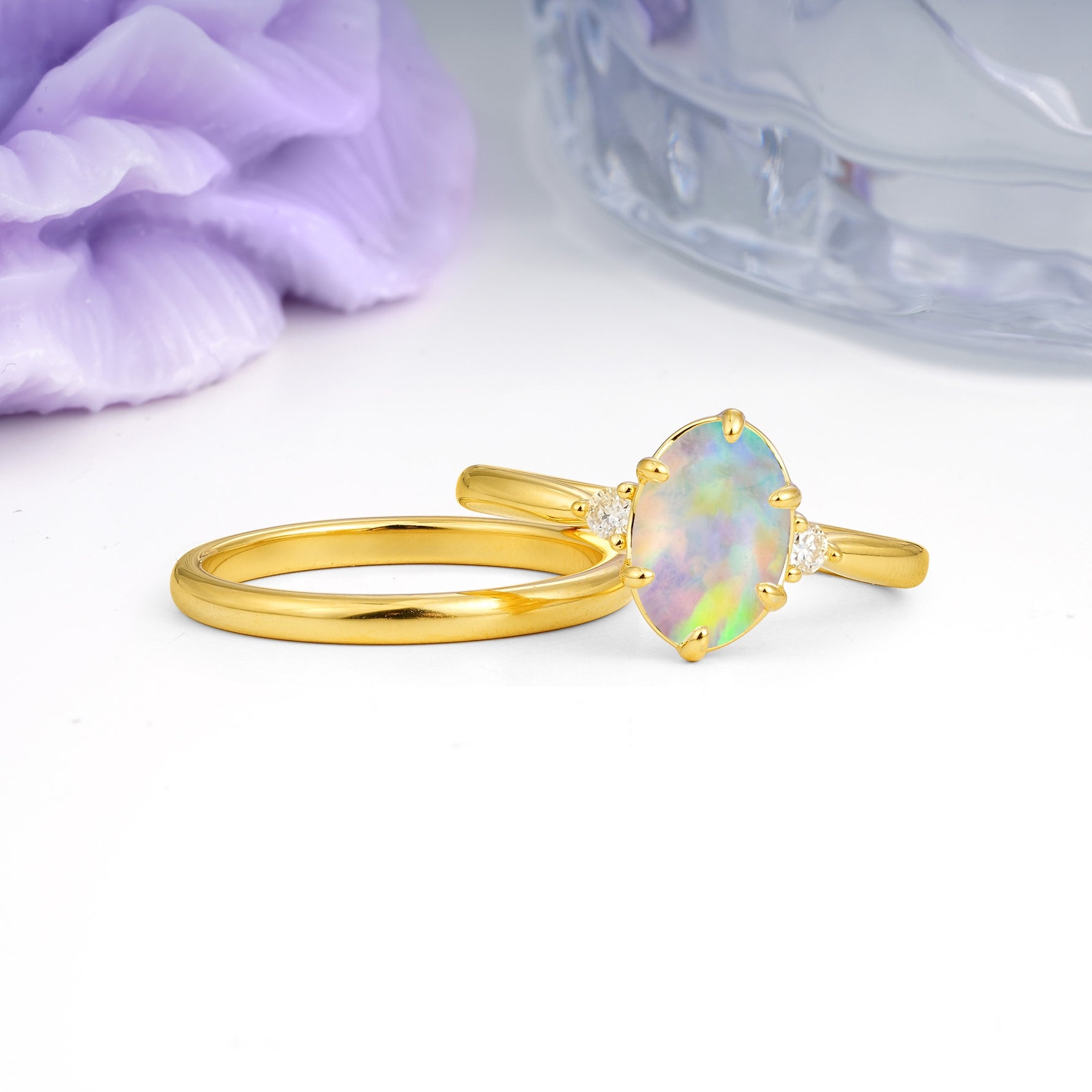 Clean Line Two Piece Oval Cut Main Stone Dual Side Accent Daily Wear Fire Opal Bridal Ring Set - Additional view