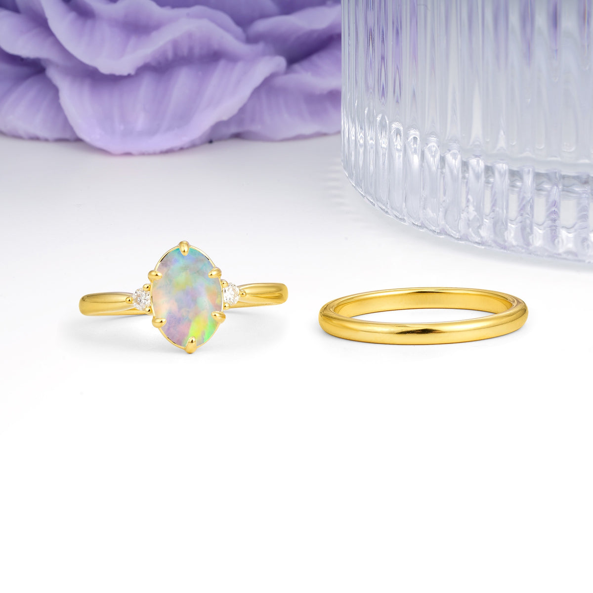 Clean Line Two Piece Oval Cut Main Stone Dual Side Accent Daily Wear Fire Opal Bridal Ring Set - Additional view