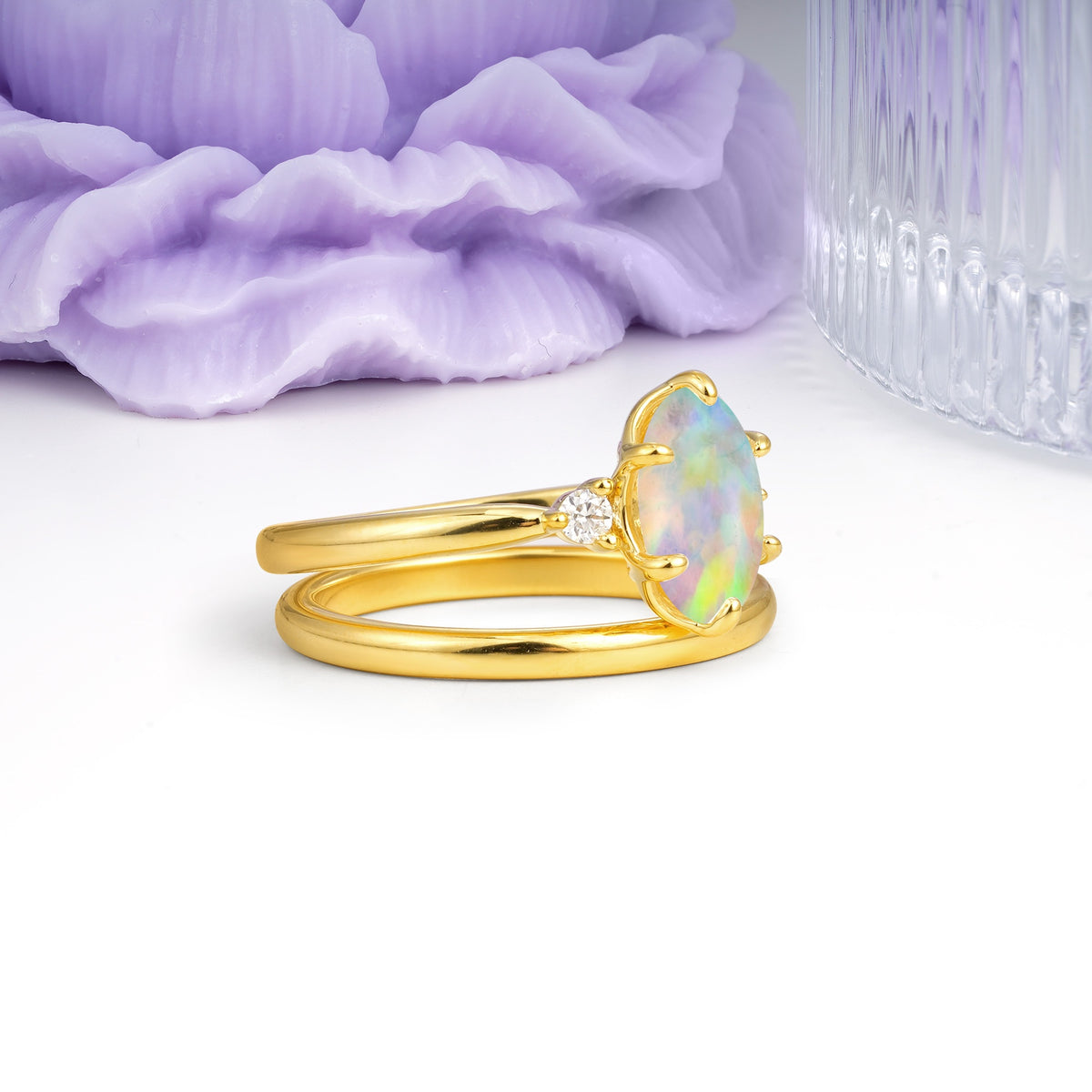 Clean Line Two Piece Oval Cut Main Stone Dual Side Accent Daily Wear Fire Opal Bridal Ring Set - Additional view