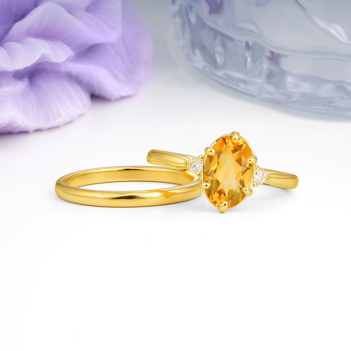 Clean Line Two Piece Oval Cut Main Stone Dual Side Accent Daily Wear Citrine Bridal Ring Set - Additional view