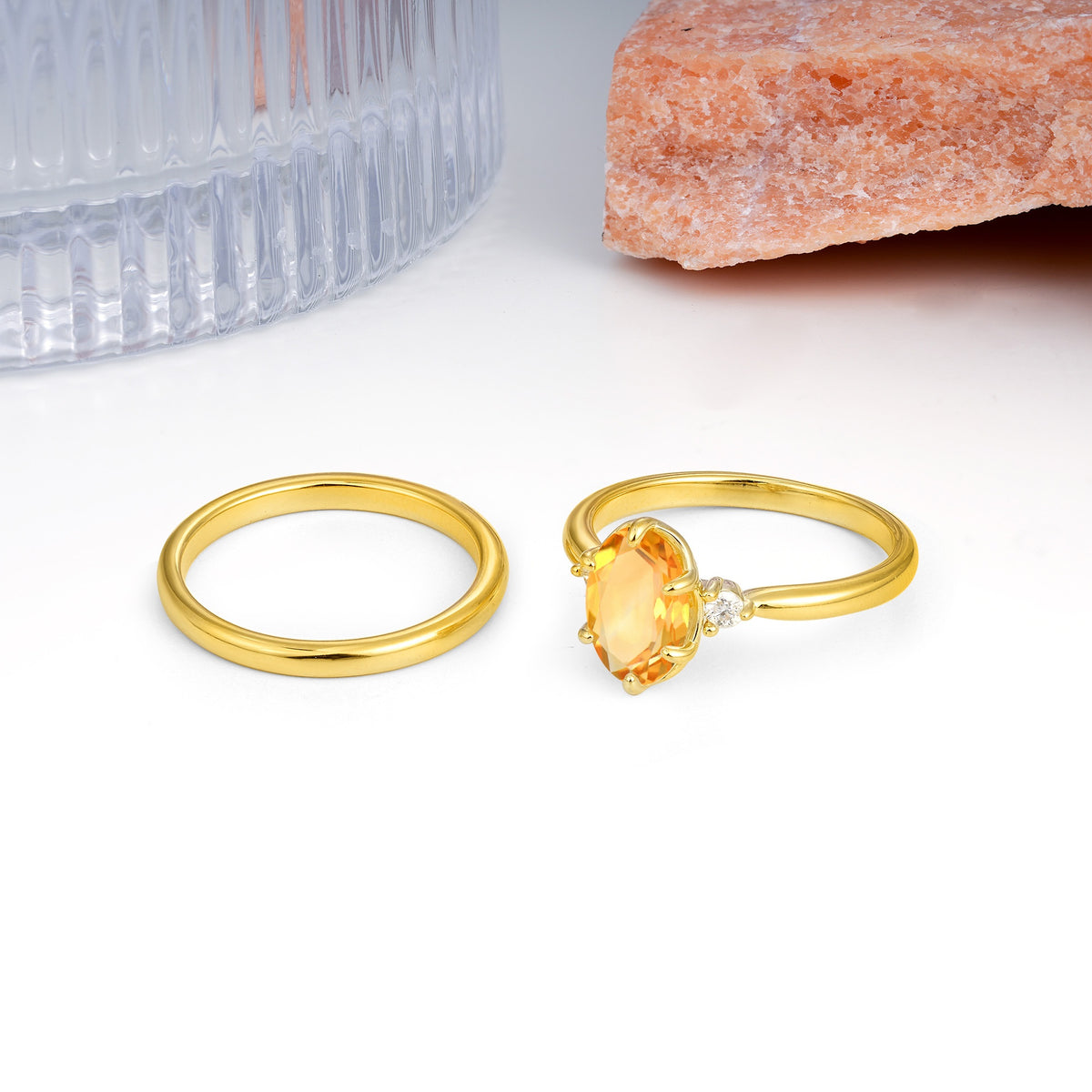 Clean Line Two Piece Oval Cut Main Stone Dual Side Accent Daily Wear Citrine Bridal Ring Set - Additional view