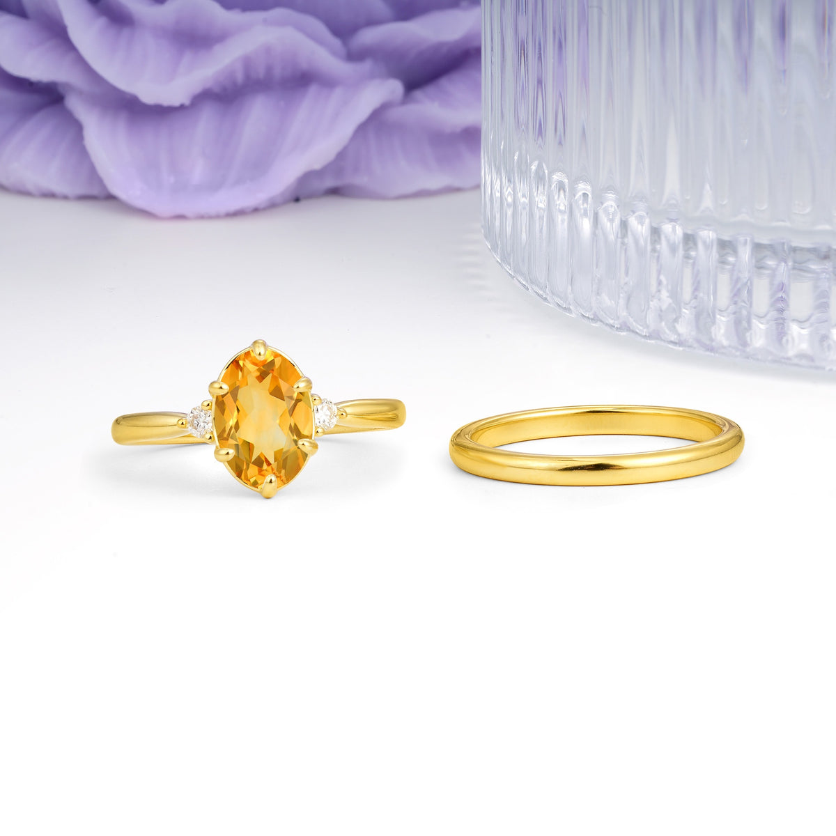 Clean Line Two Piece Oval Cut Main Stone Dual Side Accent Daily Wear Citrine Bridal Ring Set - Additional view