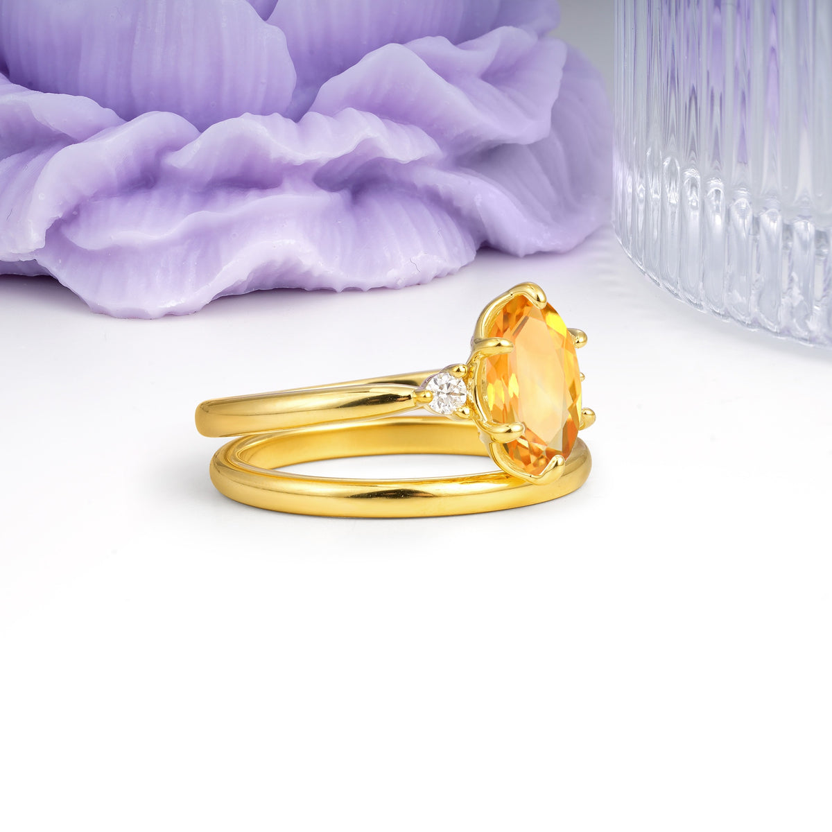 Clean Line Two Piece Oval Cut Main Stone Dual Side Accent Daily Wear Citrine Bridal Ring Set - Additional view