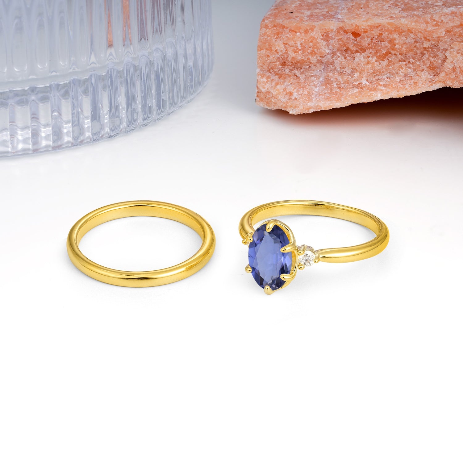 Clean Line Two Piece Oval Cut Main Stone Dual Side Accent Daily Wear Tanzanite Bridal Ring Set - Additional view