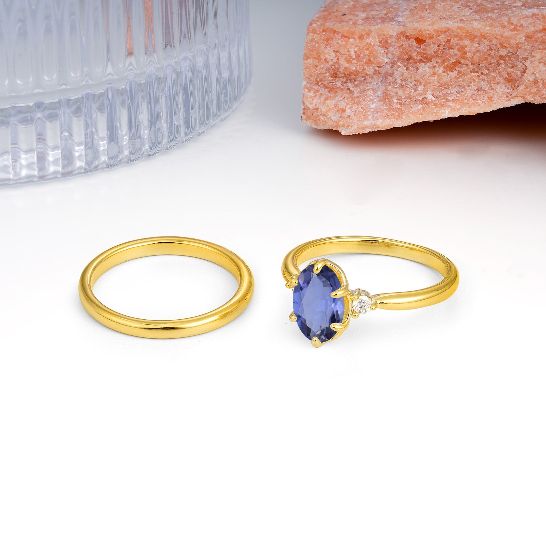 Clean Line Two Piece Oval Cut Main Stone Dual Side Accent Daily Wear Tanzanite Bridal Ring Set - Additional view