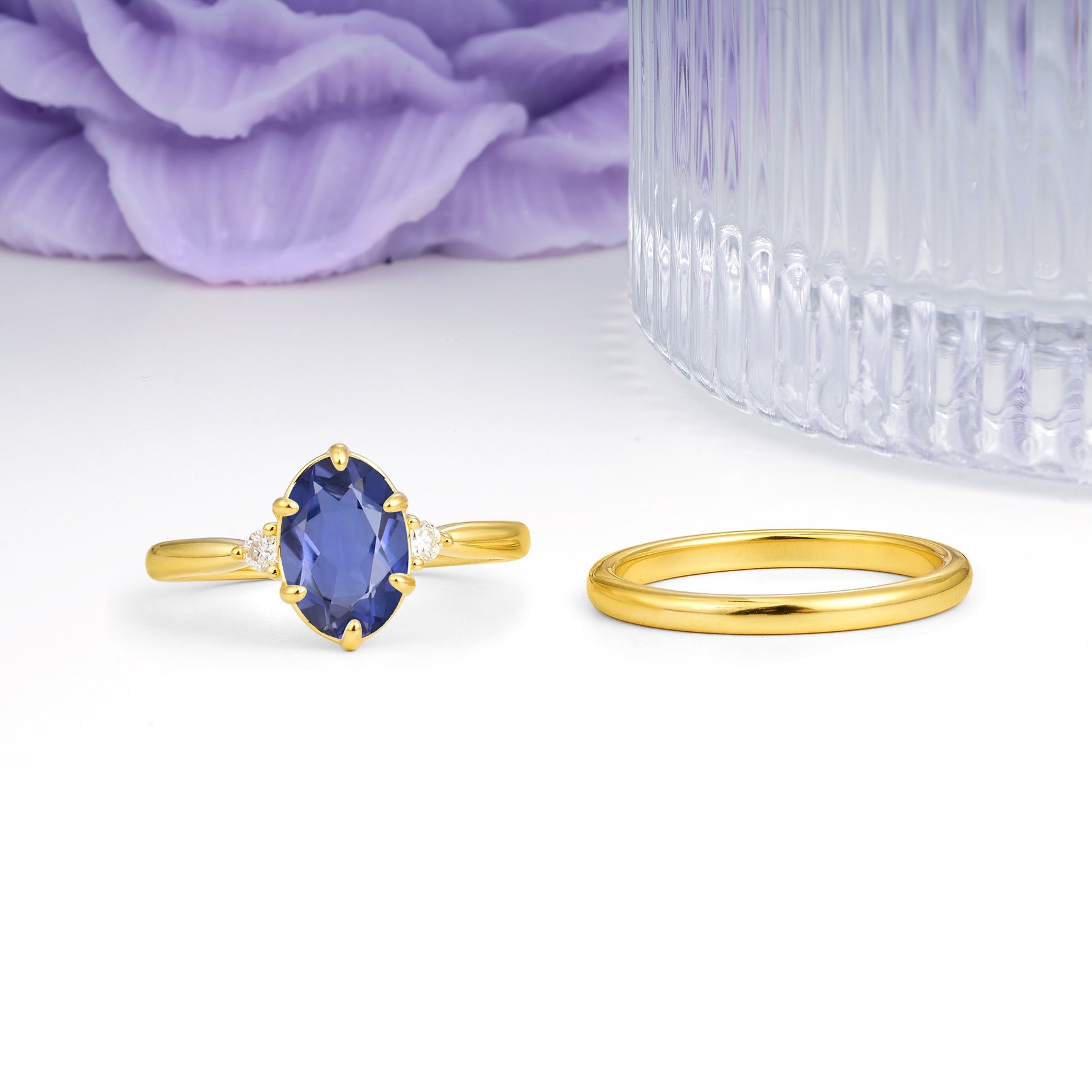 Clean Line Two Piece Oval Cut Main Stone Dual Side Accent Daily Wear Tanzanite Bridal Ring Set - Additional view
