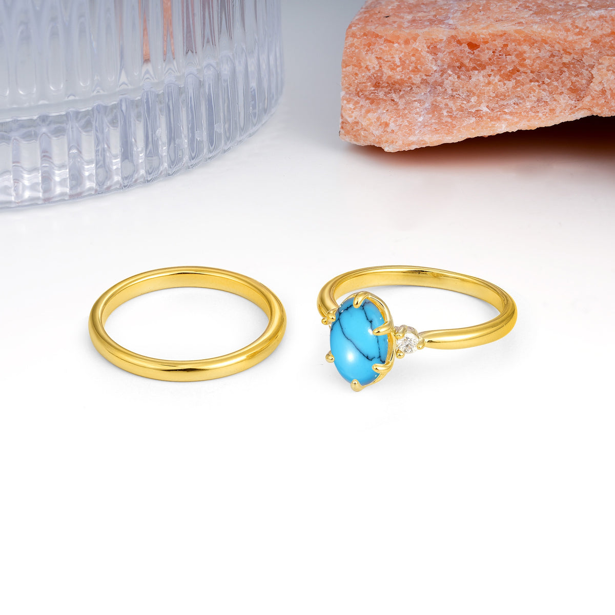 Clean Line Two Piece Oval Cut Main Stone Dual Side Accent Daily Wear Turquoise Bridal Ring Set - Additional view