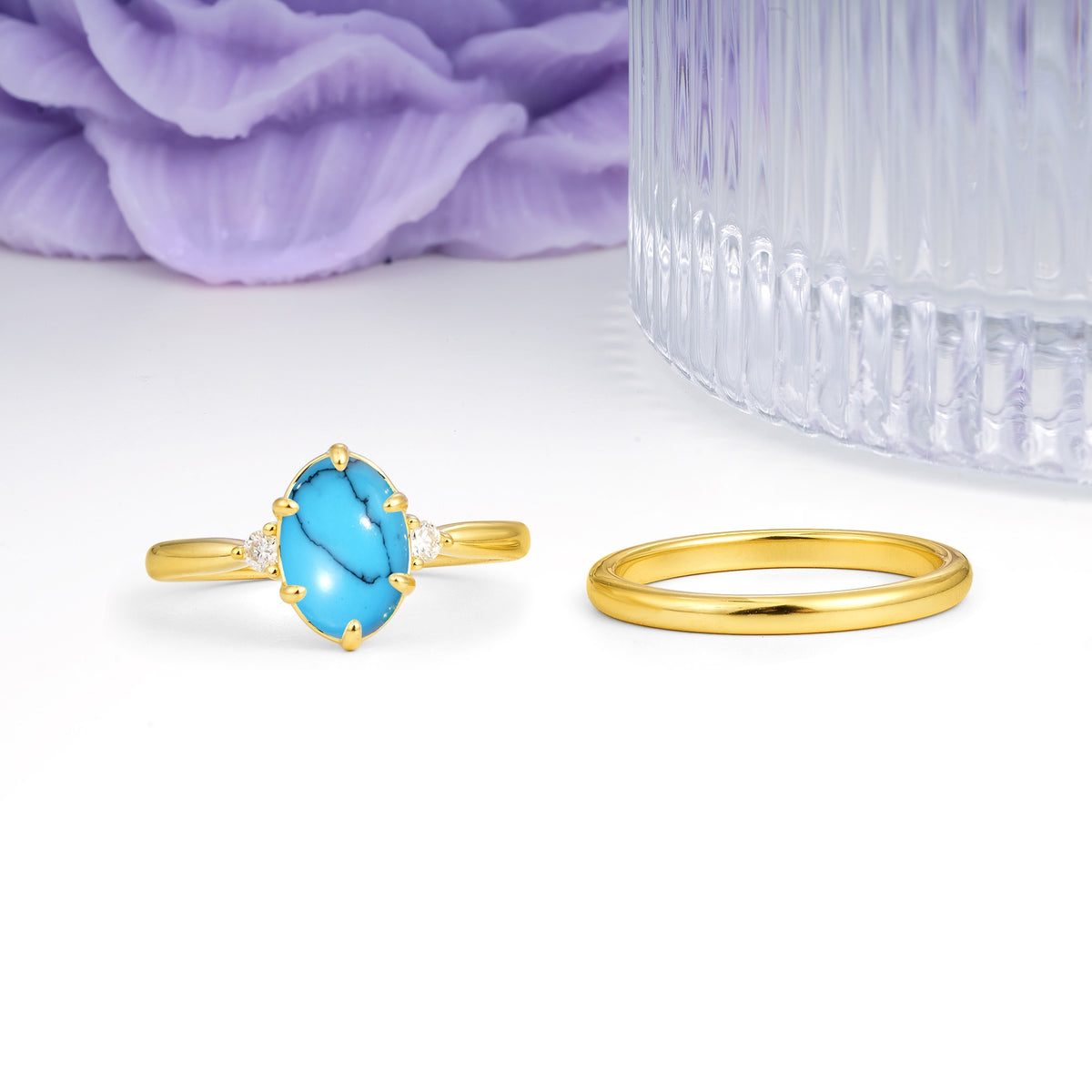 Clean Line Two Piece Oval Cut Main Stone Dual Side Accent Daily Wear Turquoise Bridal Ring Set - Additional view