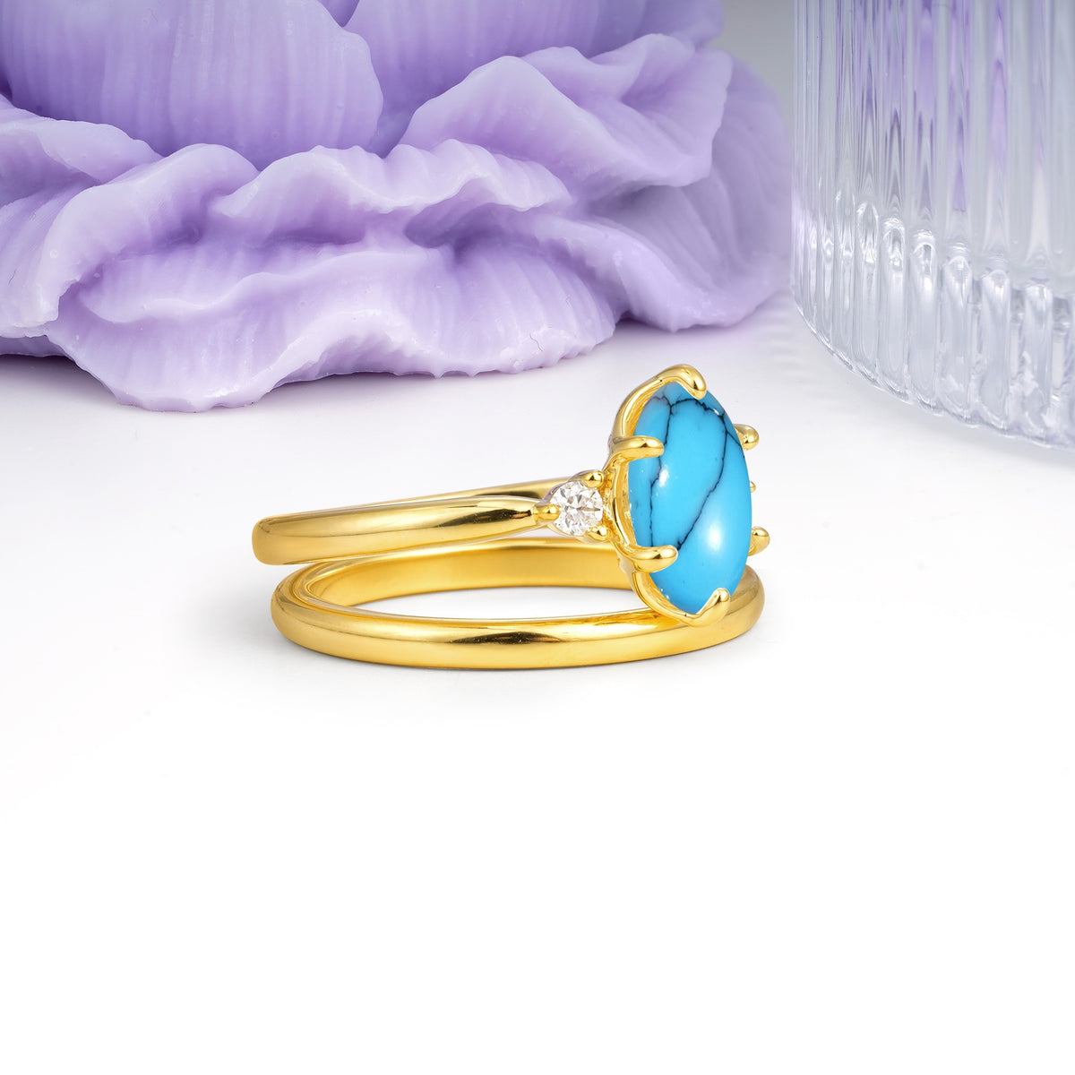 Clean Line Two Piece Oval Cut Main Stone Dual Side Accent Daily Wear Turquoise Bridal Ring Set - Additional view