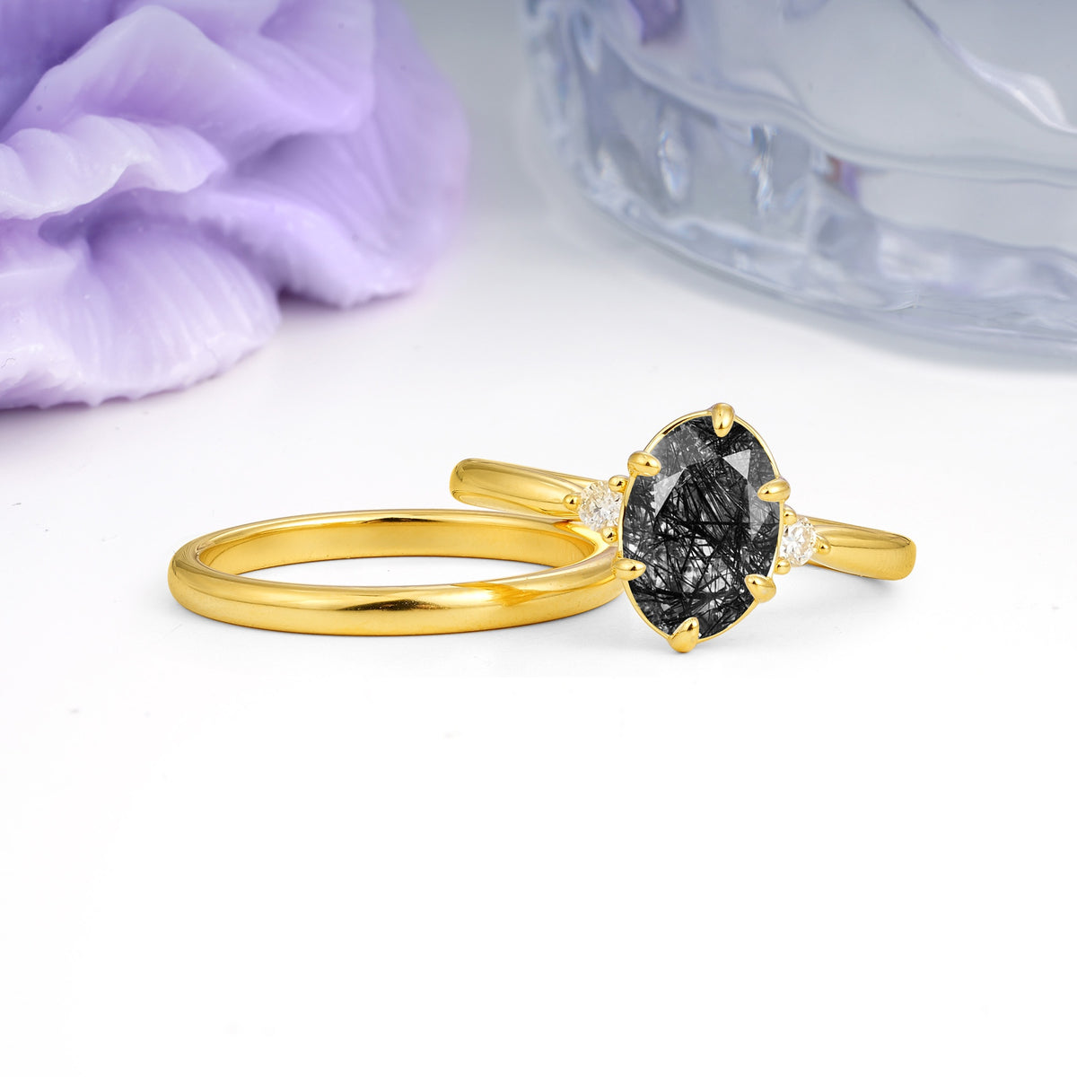 Clean Line Two Piece Oval Cut Main Stone Dual Side Accent Daily Wear Black Rutilated Quartz Bridal Ring Set - Additional view