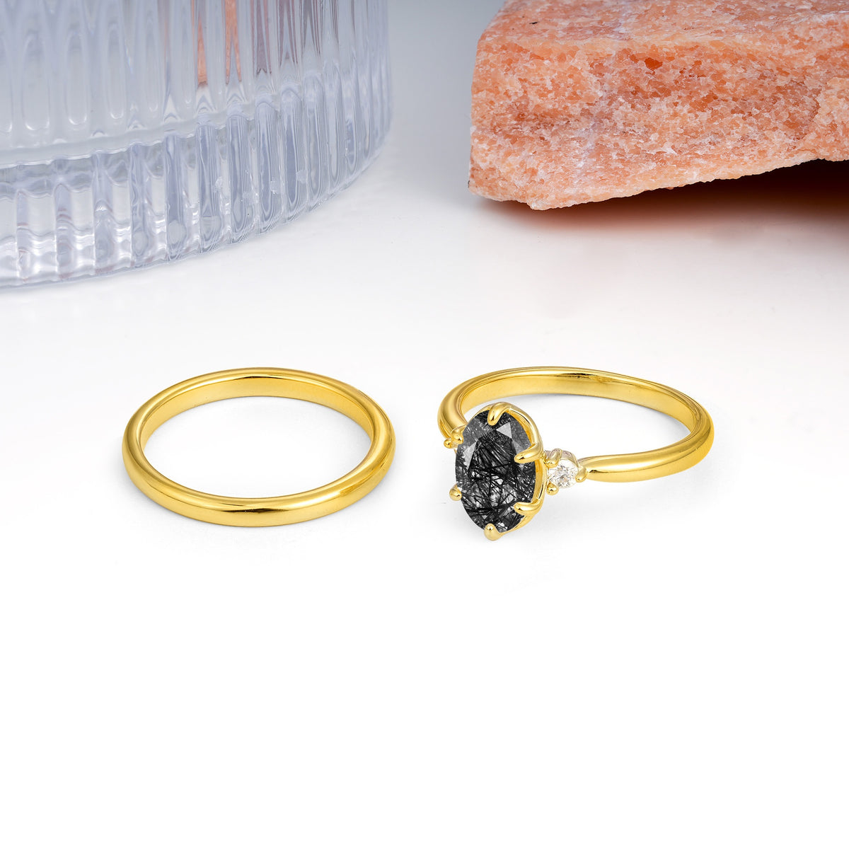 Clean Line Two Piece Oval Cut Main Stone Dual Side Accent Daily Wear Black Rutilated Quartz Bridal Ring Set - Additional view