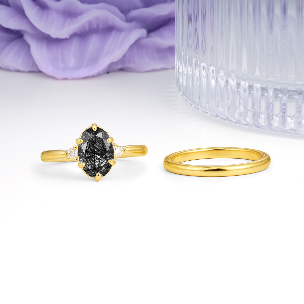 Clean Line Two Piece Oval Cut Main Stone Dual Side Accent Daily Wear Black Rutilated Quartz Bridal Ring Set - Additional view