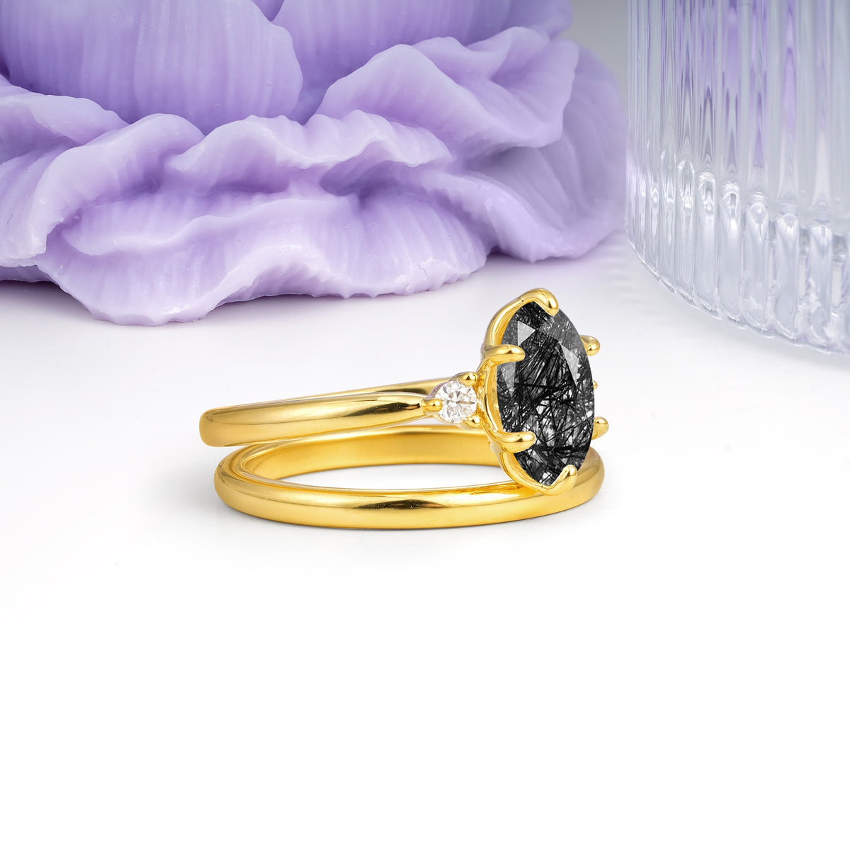 Clean Line Two Piece Oval Cut Main Stone Dual Side Accent Daily Wear Black Rutilated Quartz Bridal Ring Set - Additional view
