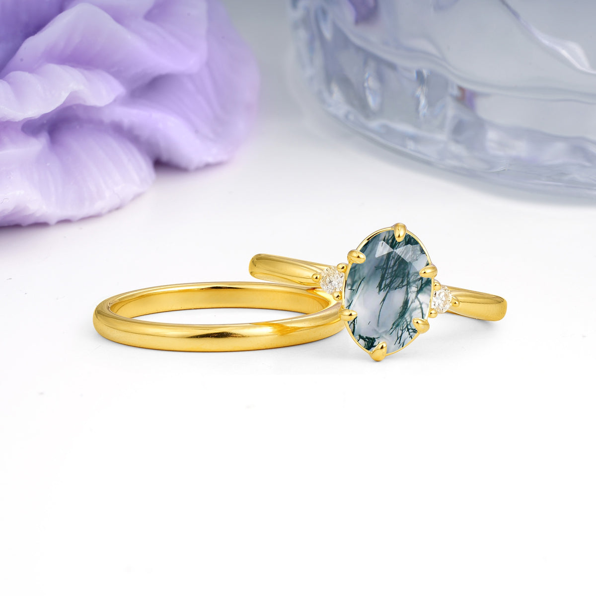 Clean Line Two Piece Oval Cut Main Stone Dual Side Accent Daily Wear Moss Agate Bridal Ring Set - Additional view