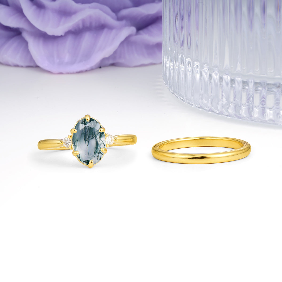 Clean Line Two Piece Oval Cut Main Stone Dual Side Accent Daily Wear Moss Agate Bridal Ring Set - Additional view