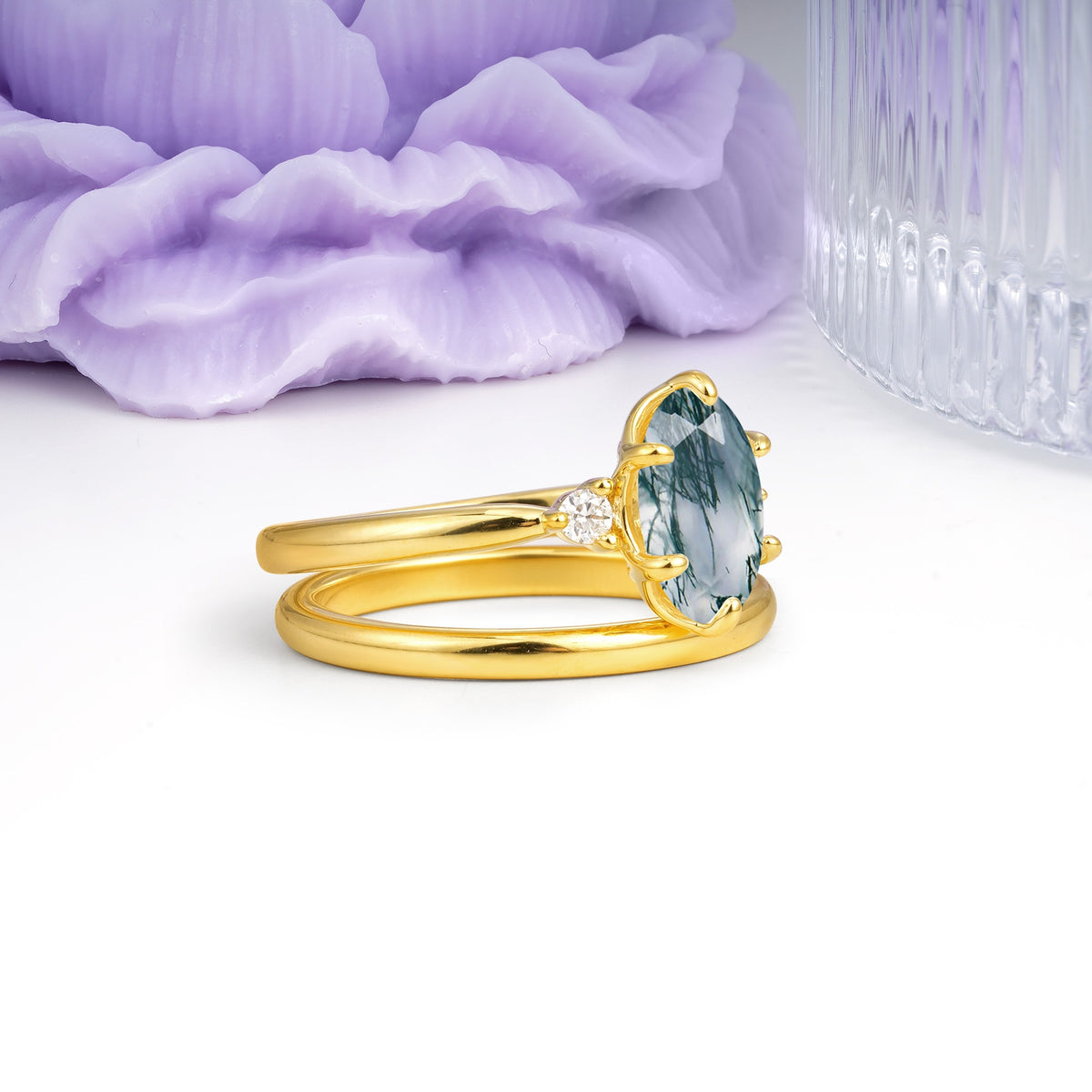 Clean Line Two Piece Oval Cut Main Stone Dual Side Accent Daily Wear Moss Agate Bridal Ring Set - Additional view
