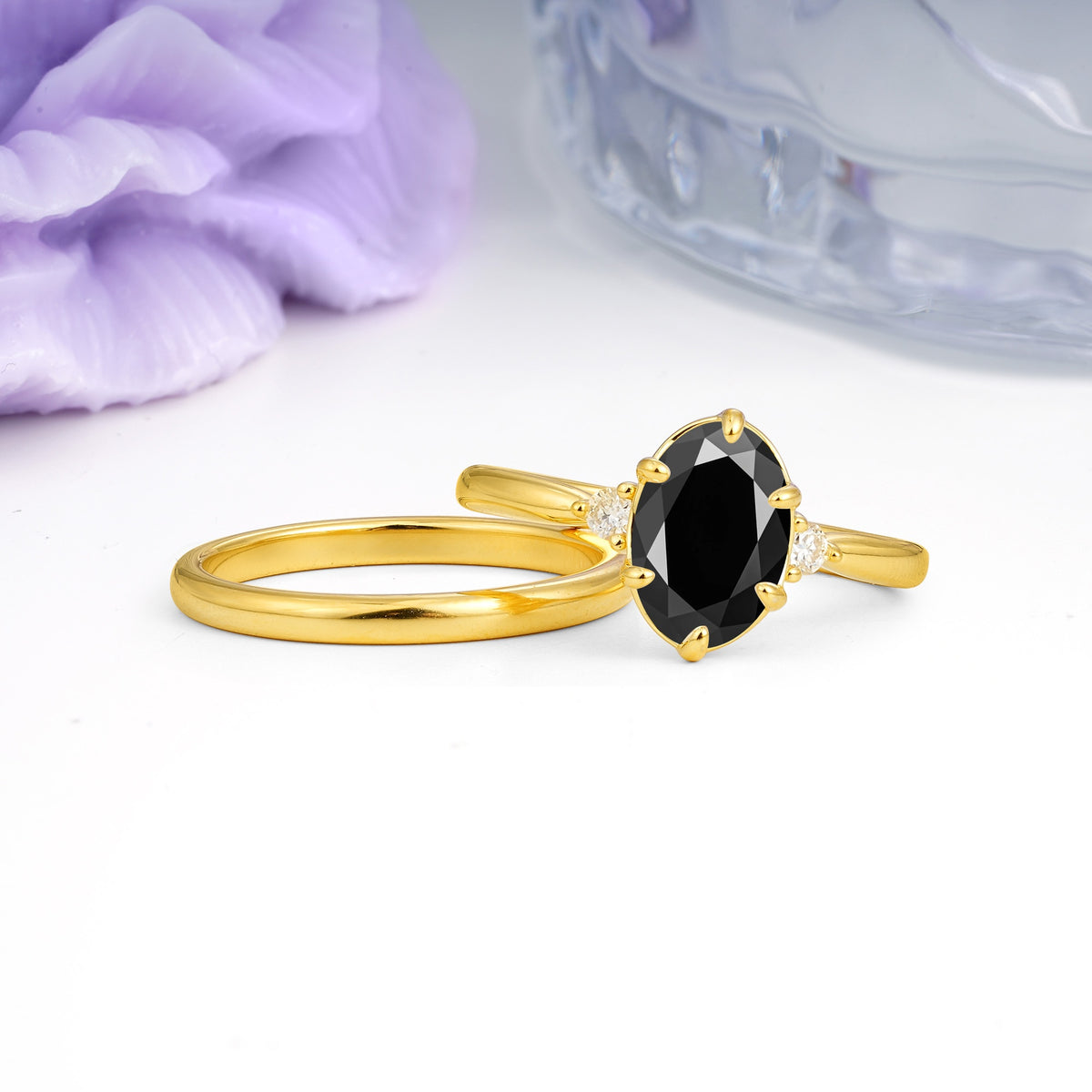 Clean Line Two Piece Oval Cut Main Stone Dual Side Accent Daily Wear Black Onyx Bridal Ring Set - Additional view