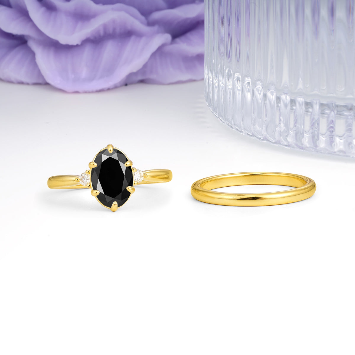 Clean Line Two Piece Oval Cut Main Stone Dual Side Accent Daily Wear Black Onyx Bridal Ring Set - Additional view