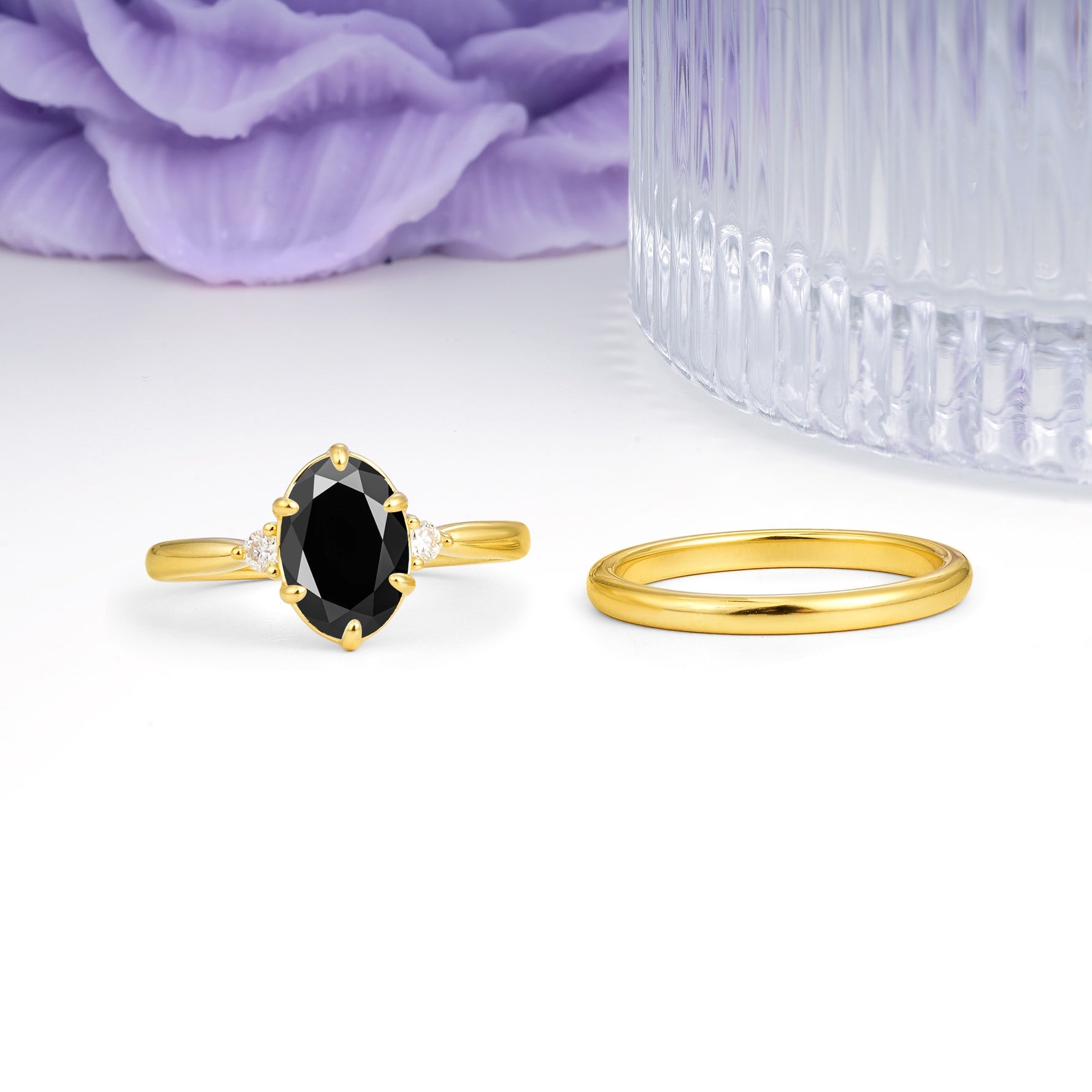 Clean Line Two Piece Oval Cut Main Stone Dual Side Accent Daily Wear Black Onyx Bridal Ring Set - Additional view