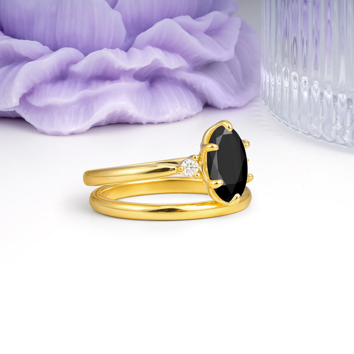 Clean Line Two Piece Oval Cut Main Stone Dual Side Accent Daily Wear Black Onyx Bridal Ring Set - Additional view
