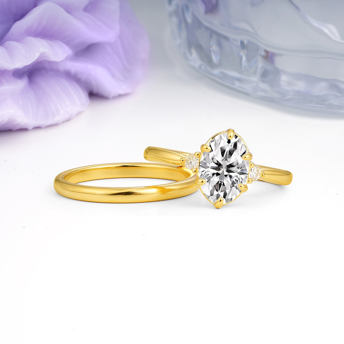 Clean Line Two Piece Oval Cut Main Stone Dual Side Accent Daily Wear Lab Diamond Bridal Ring Set - Additional view