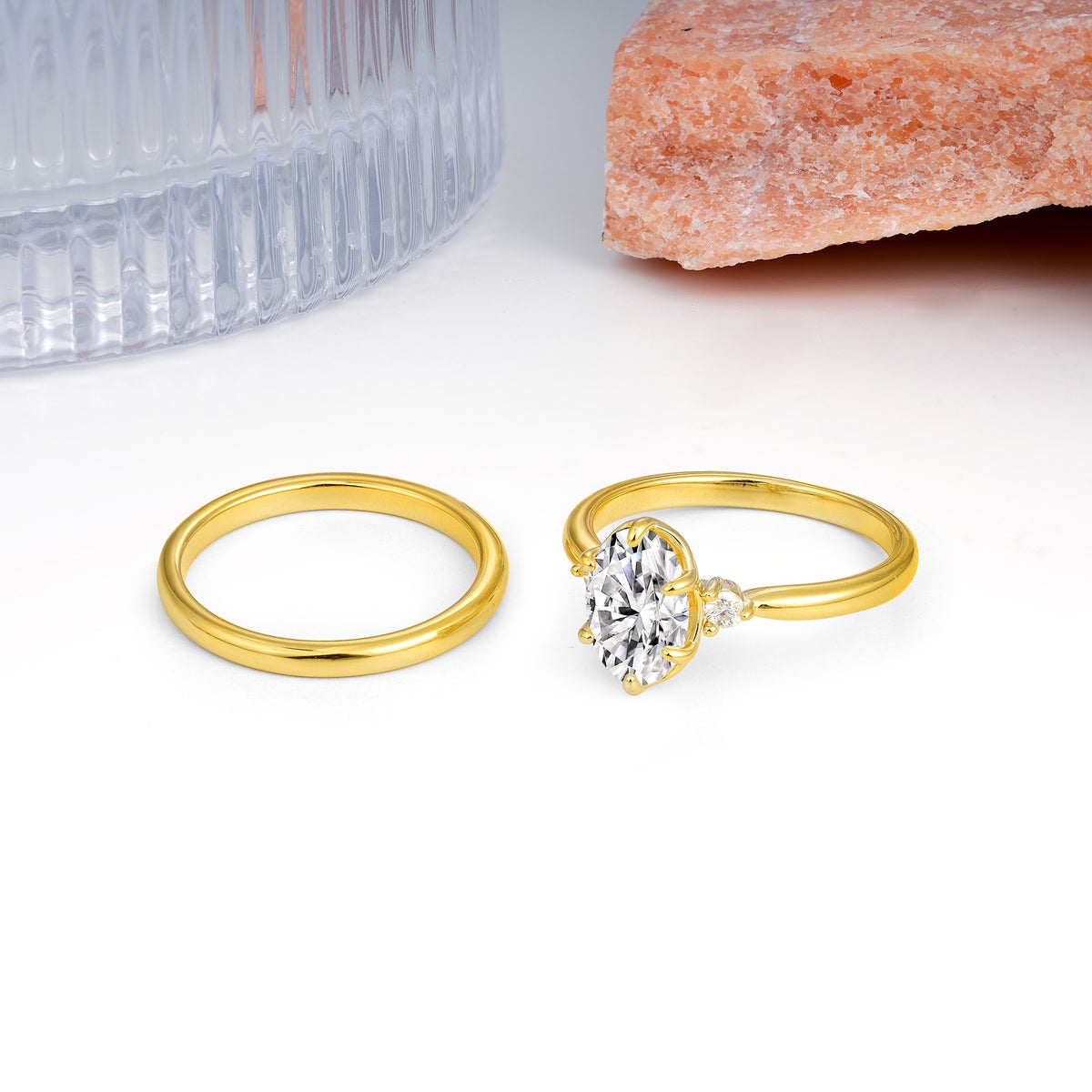 Clean Line Two Piece Oval Cut Main Stone Dual Side Accent Daily Wear Lab Diamond Bridal Ring Set - Additional view