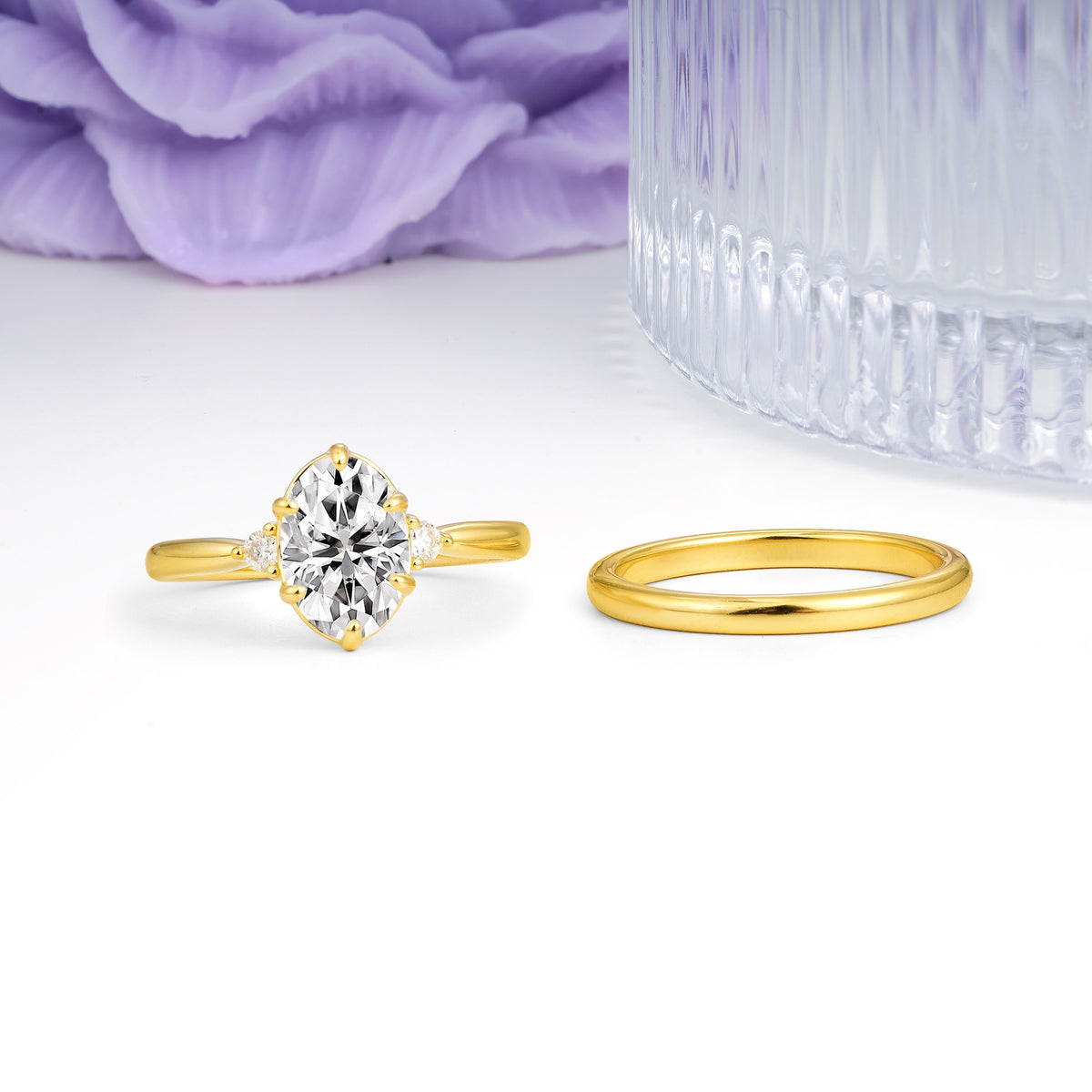 Clean Line Two Piece Oval Cut Main Stone Dual Side Accent Daily Wear Lab Diamond Bridal Ring Set - Additional view