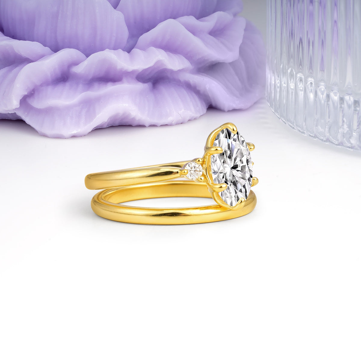 Clean Line Two Piece Oval Cut Main Stone Dual Side Accent Daily Wear Lab Diamond Bridal Ring Set - Additional view