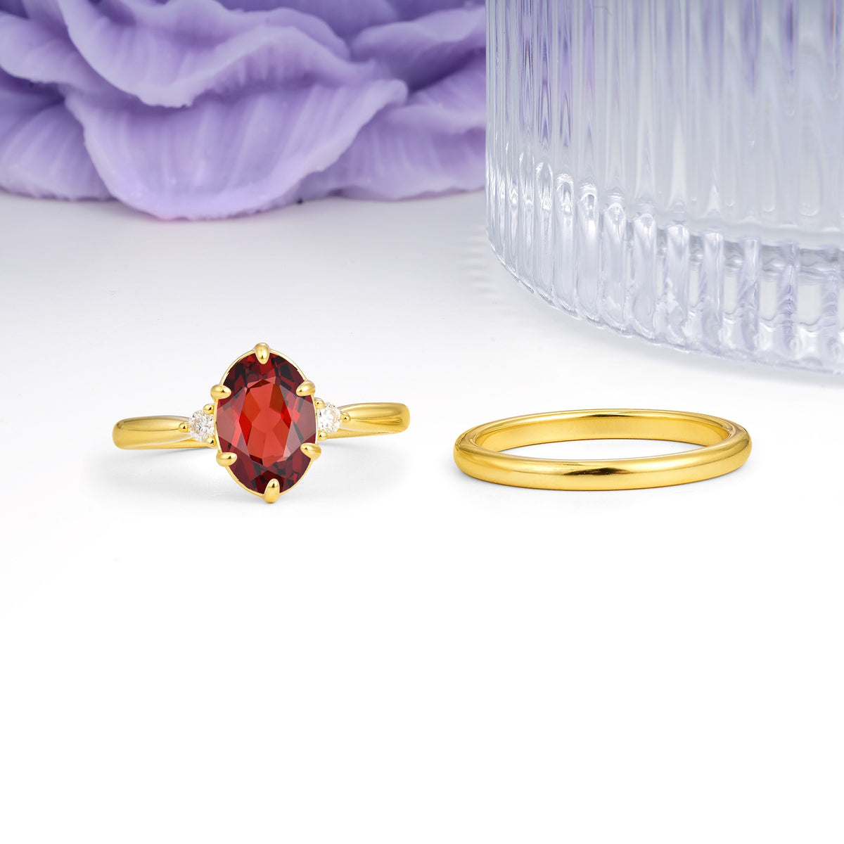 Clean Line Two Piece Oval Cut Main Stone Dual Side Accent Daily Wear Garnet Bridal Ring Set - Additional view