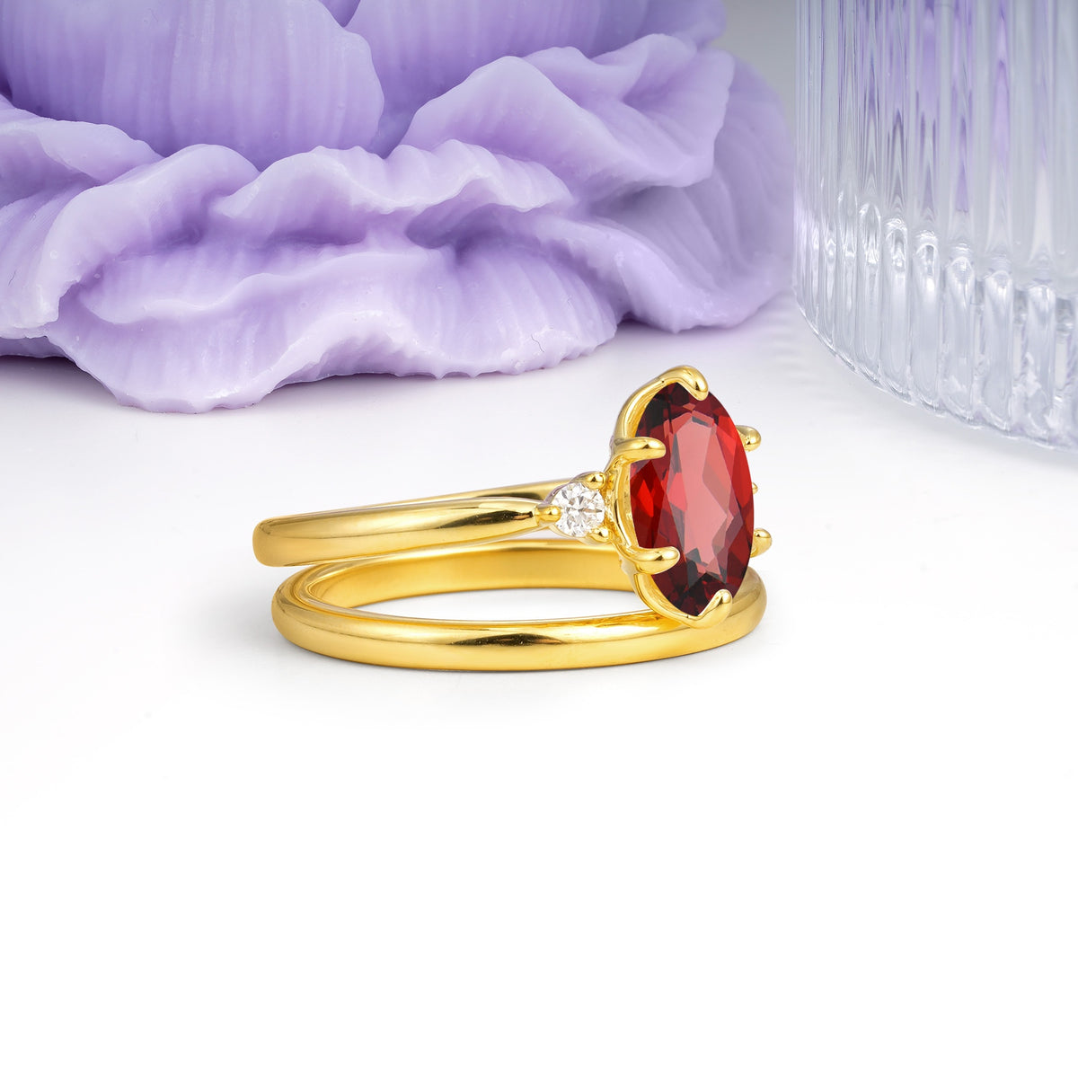 Clean Line Two Piece Oval Cut Main Stone Dual Side Accent Daily Wear Garnet Bridal Ring Set - Additional view