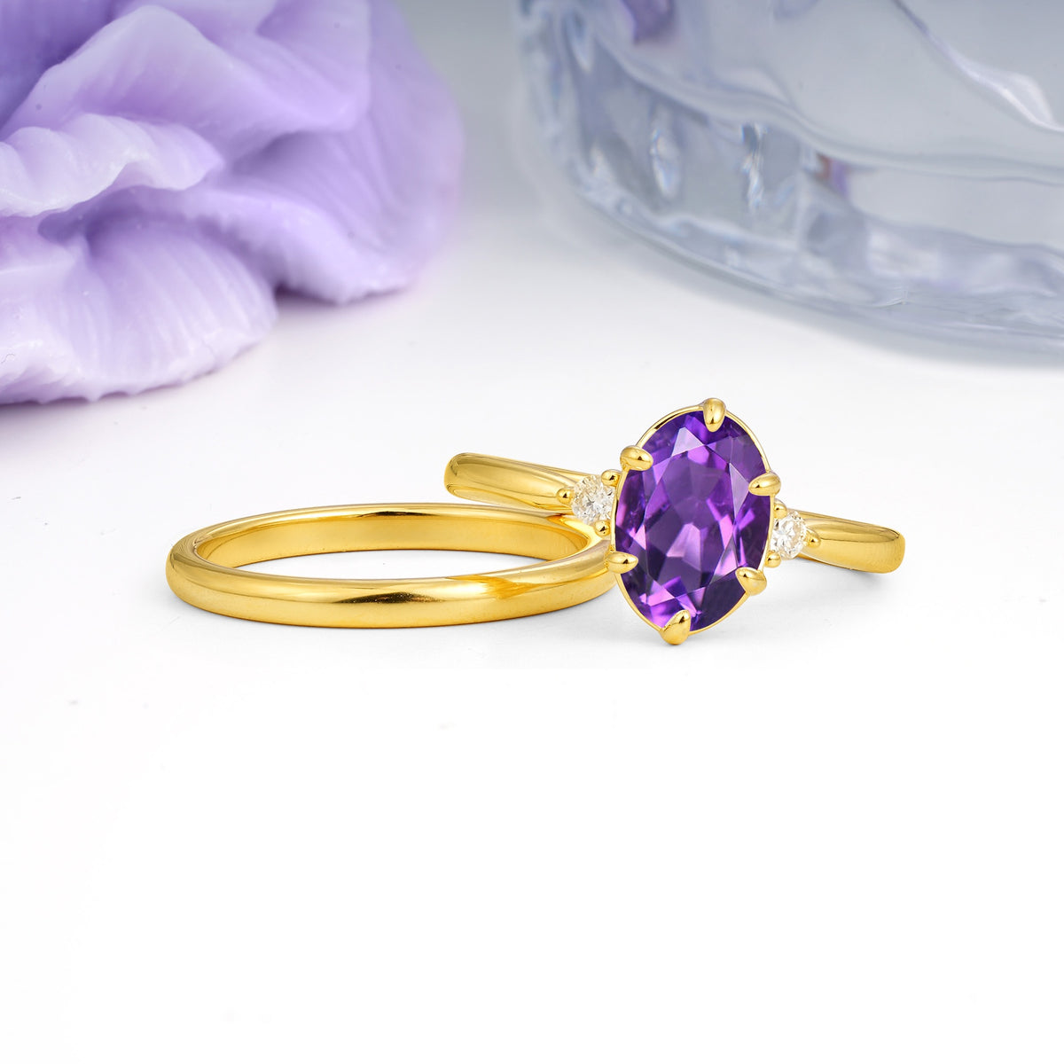Clean Line Two Piece Oval Cut Main Stone Dual Side Accent Daily Wear Amethyst Bridal Ring Set - Additional view
