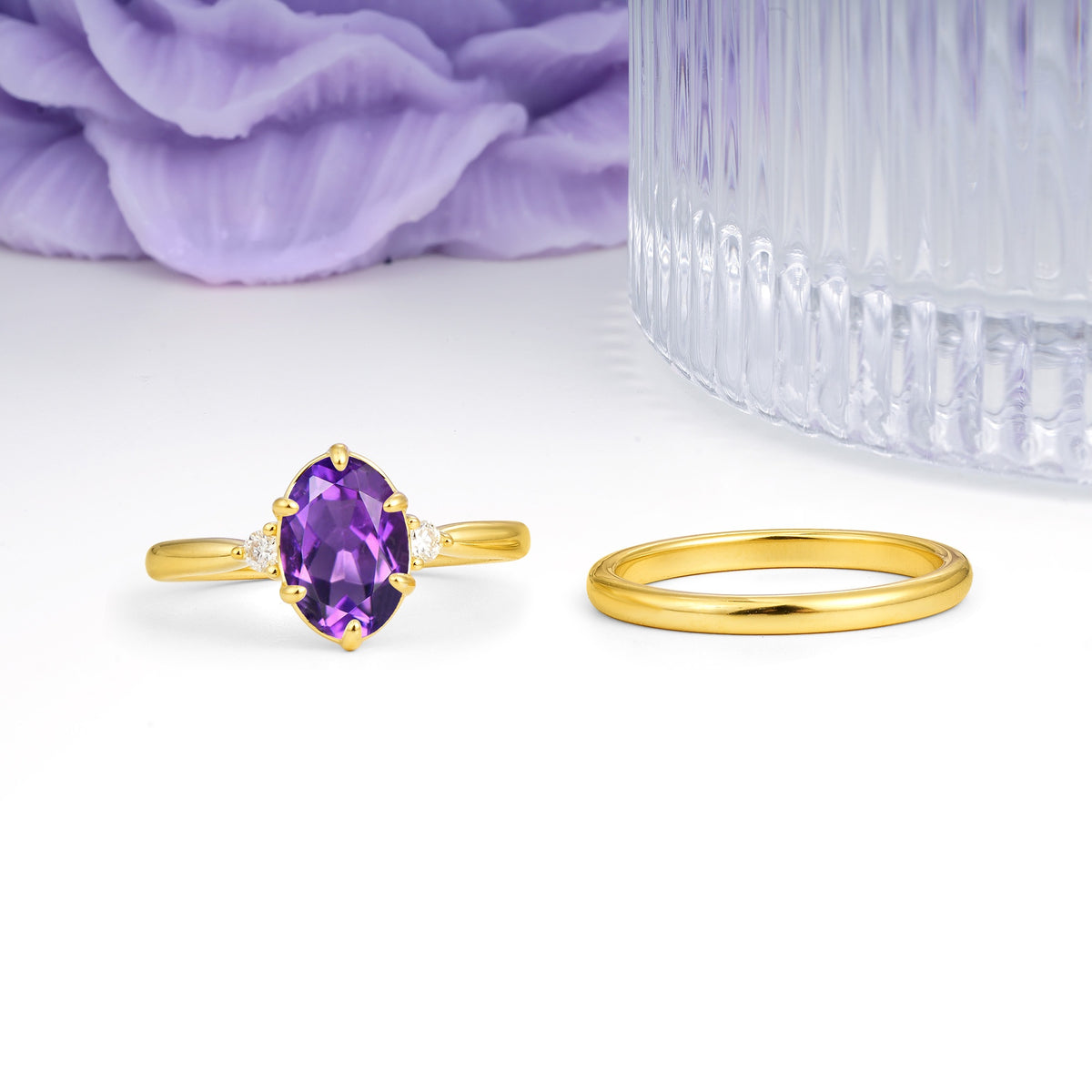 Clean Line Two Piece Oval Cut Main Stone Dual Side Accent Daily Wear Amethyst Bridal Ring Set - Additional view
