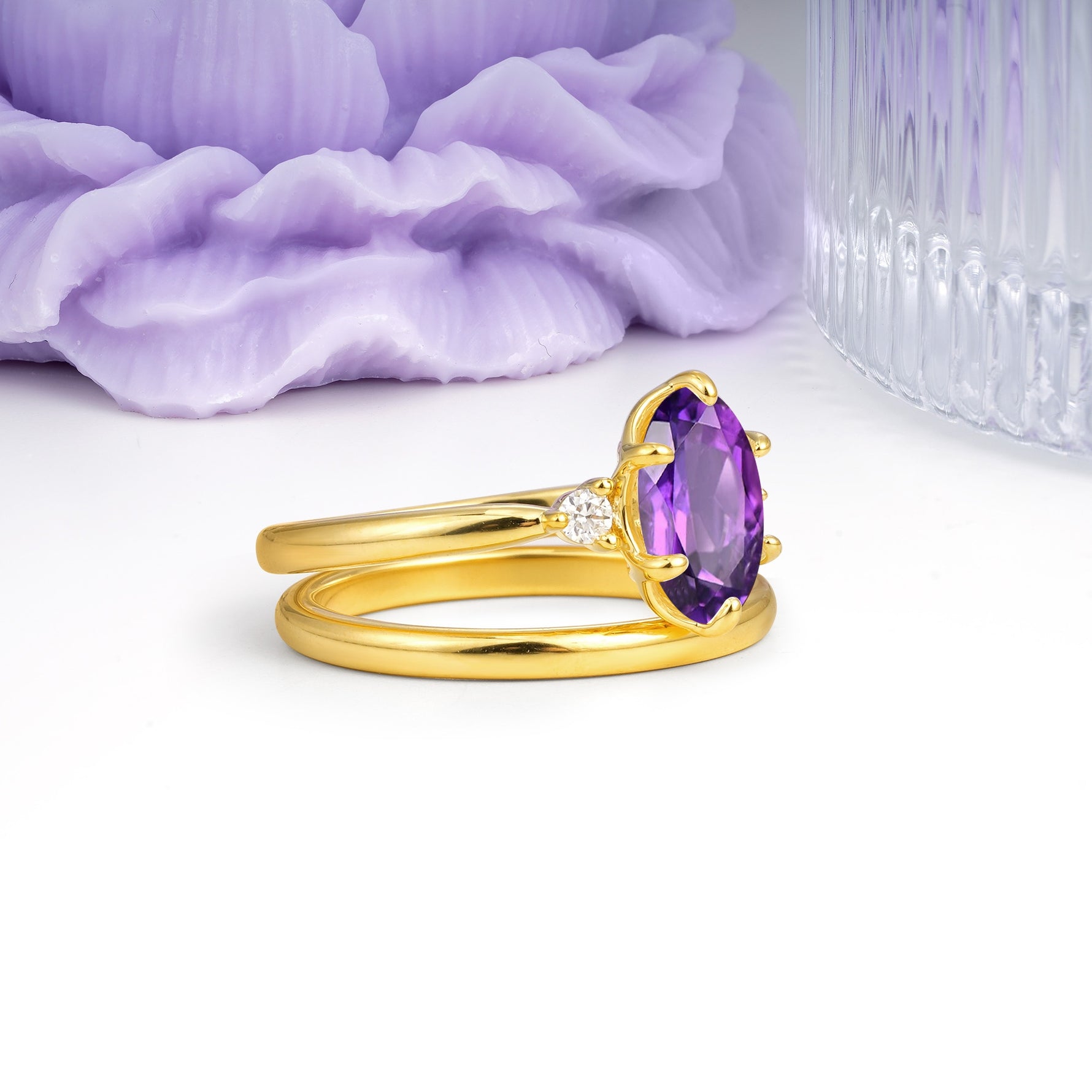 Clean Line Two Piece Oval Cut Main Stone Dual Side Accent Daily Wear Amethyst Bridal Ring Set - Additional view