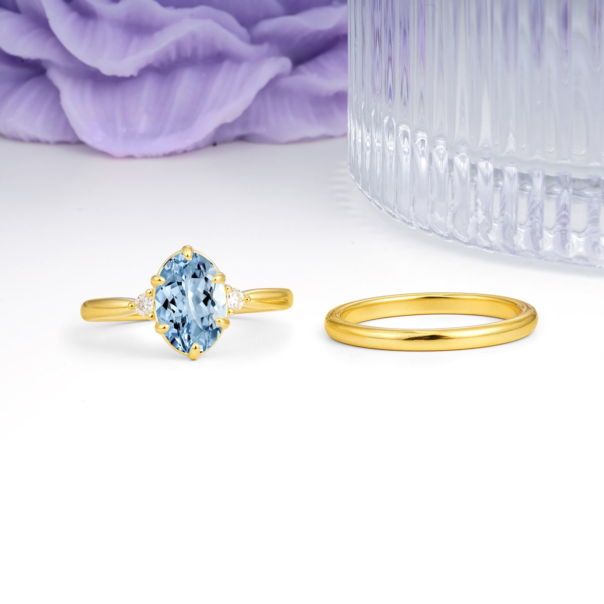 Clean Line Two Piece Oval Cut Main Stone Dual Side Accent Daily Wear Aquamarine Bridal Ring Set - Additional view