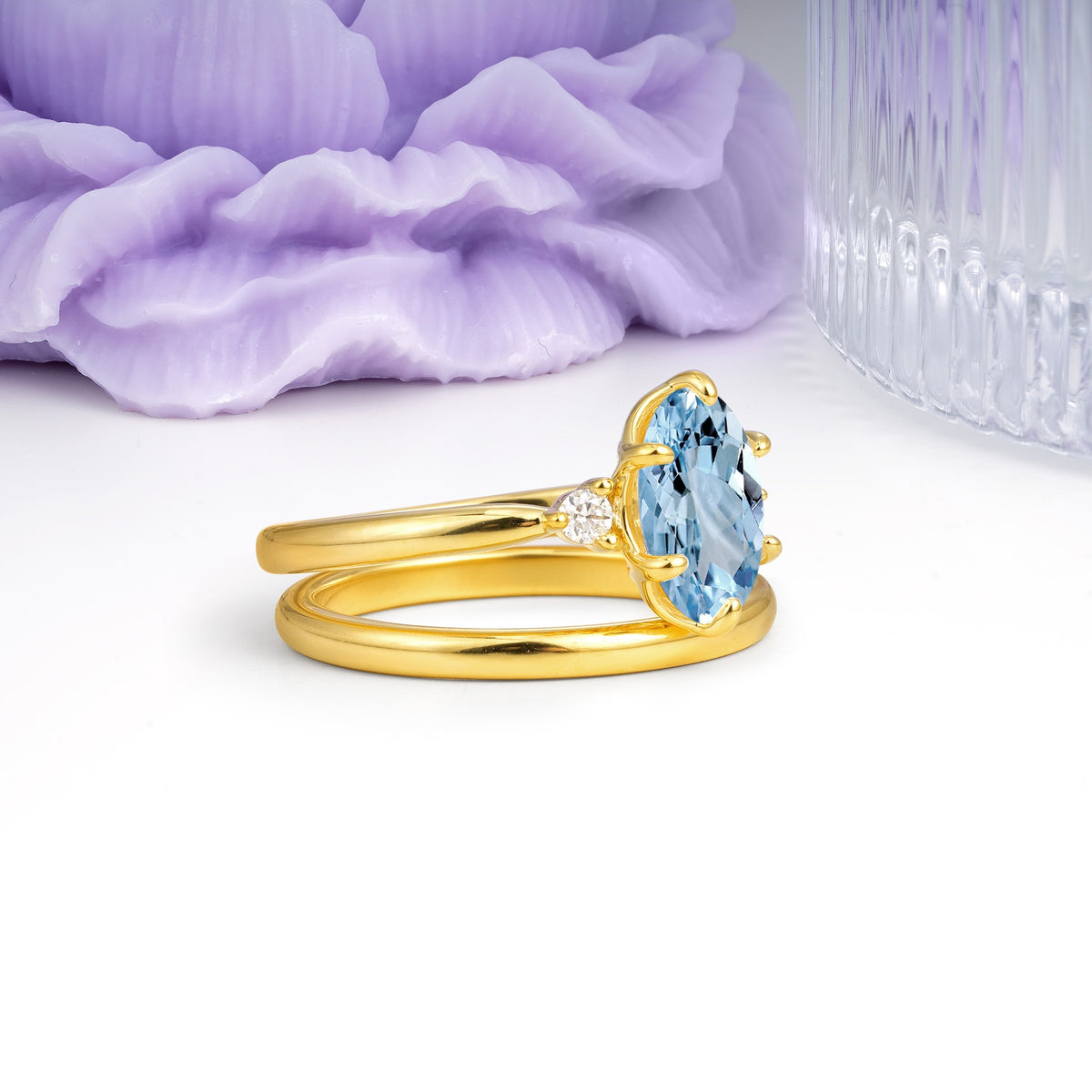 Clean Line Two Piece Oval Cut Main Stone Dual Side Accent Daily Wear Aquamarine Bridal Ring Set - Additional view