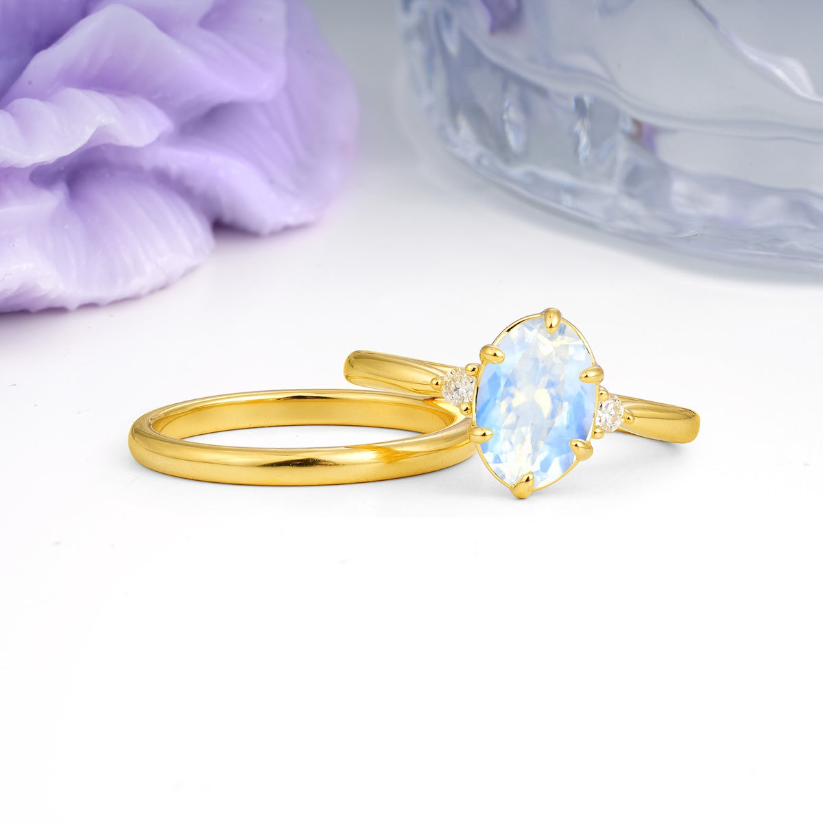 Clean Line Two Piece Oval Cut Main Stone Dual Side Accent Daily Wear Moonstone Bridal Ring Set - Additional view