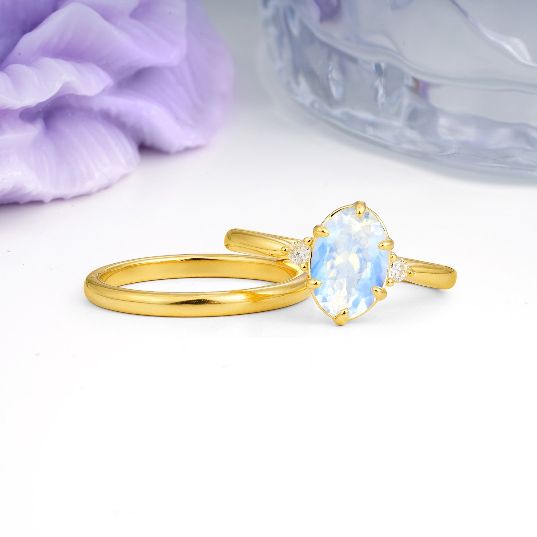 Clean Line Two Piece Oval Cut Main Stone Dual Side Accent Daily Wear Moonstone Bridal Ring Set - Additional view