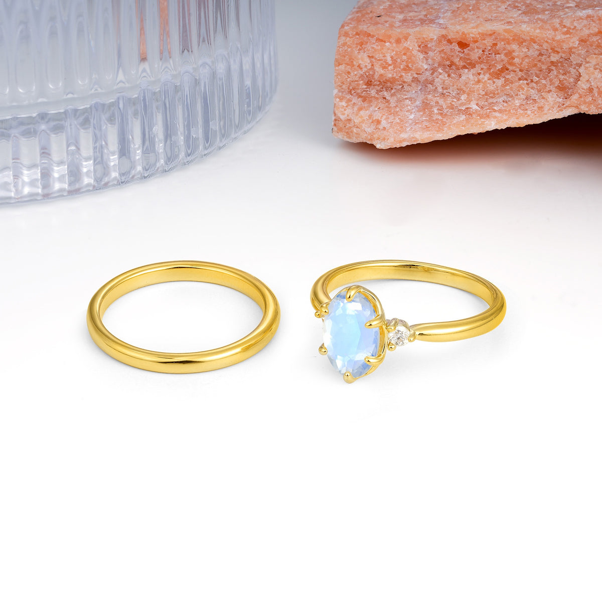 Clean Line Two Piece Oval Cut Main Stone Dual Side Accent Daily Wear Moonstone Bridal Ring Set - Additional view